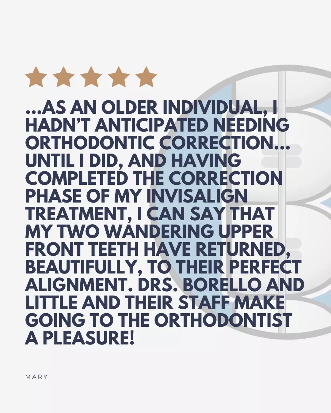 Turns out great smiles don’t have an age limit! Thanks for the incredible review Mary! 💙