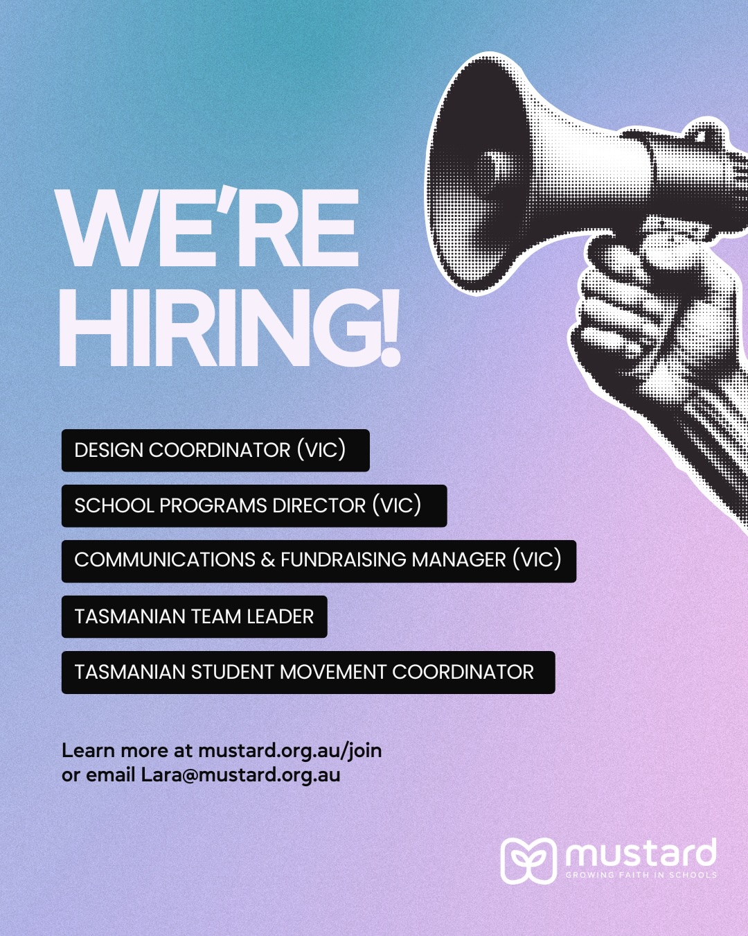 We’re currently on the hunt for a Design and Social Media expert who’s keen to step into a purpose-driven role within the schools and Christian space.
If you love creating meaningful content, have a strong eye for design, and want your work to make an eternal impact — this role might be for you.
⭐️Who is Mustard?
Mustard is a schools ministry organisation that exists to see lives transformed by Jesus, through students leading other students to Him.
This role is perfect for someone who wants to use their creative skills to support faith-based initiatives, engage young people, and help tell powerful stories of transformation.
📩 Interested or know someone who would be a great fit?
Send us a message or apply via our website