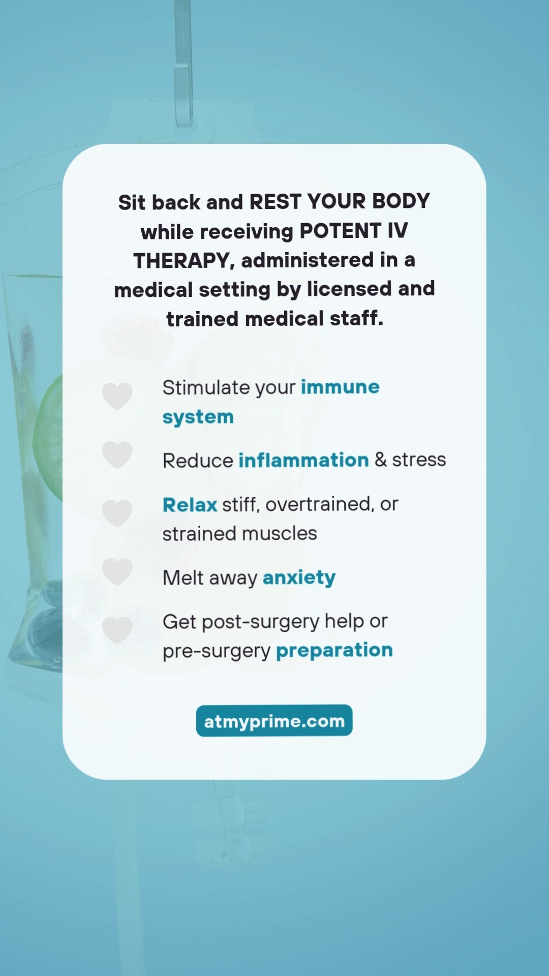 TWO GREAT THINGS AT ONE TIME: Nutrients & Relaxation!
Sit back and REST YOUR BODY while receiving POTENT IV THERAPY, administered in a medical setting by licensed and trained medical staff.
✨ Stimulate your immune system
✨ Reduce inflammation & stress
✨ Relax stiff, overtrained, or strained muscles
✨ Melt away anxiety
✨ Get post-surgery help or pre-surgery preparation
Which IV Therapy bag is for you?
Link in bio.
(858) 675-7072
#primewellness #sandiego #chulavista #oceanside #healthandwellness #ivtherapy