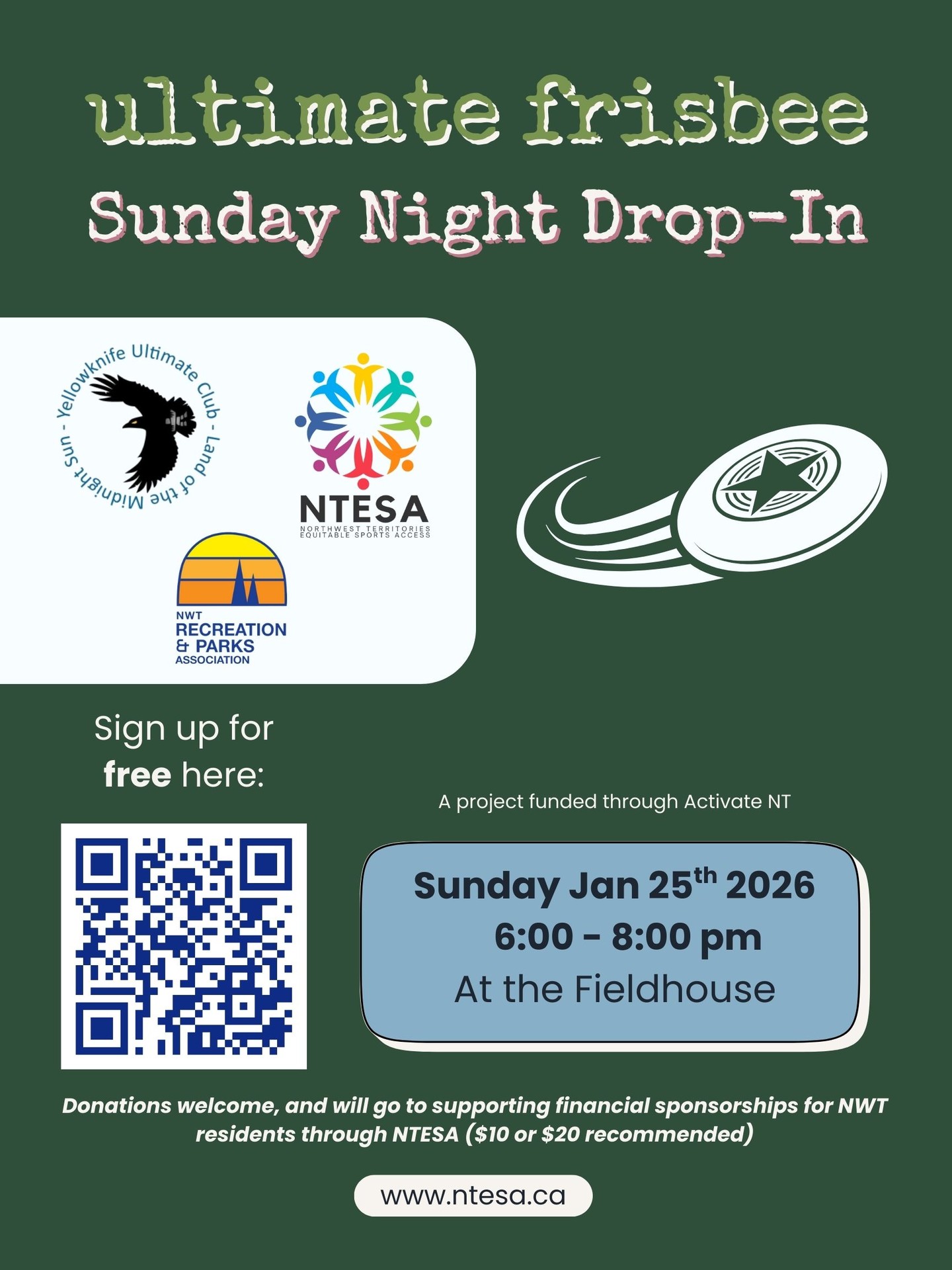NTESA and the Yellowknife Ultimate Club is hosting a 2-hour drop-in on Sunday January 25th from 6-8 pm. Ages 16+. Press link in bio to sign up.
Date? Sunday January 25th 2026
Time? 6 pm - 8 pm
Where? At the Fieldhouse in Yellowknife
What? There will be two games, one at 6 pm and one at 7 pm sign up for one or both. Sign up open until it is full.
What should I bring? Athletic wear, indoor shoes, water bottle, one black and one white shirt