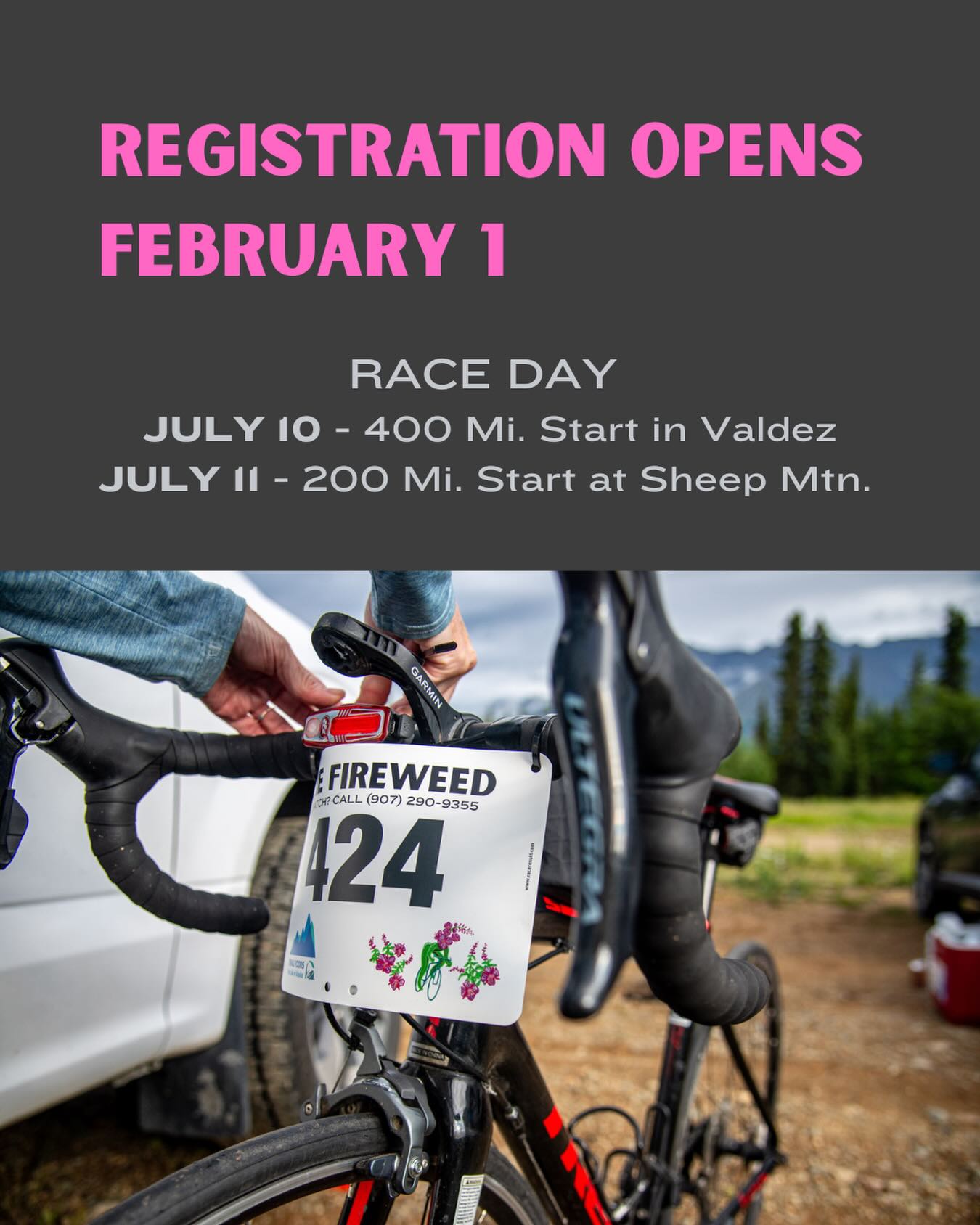 Hello Fireweed riders & racers! Registration opens in two weeks so mark your calendars. This year we’re bringing back the 400, which starts on Friday in Valdez. All riders will finish in Valdez. Happy planning! #thefireweed #raceacrossalaska #cyclingadventures