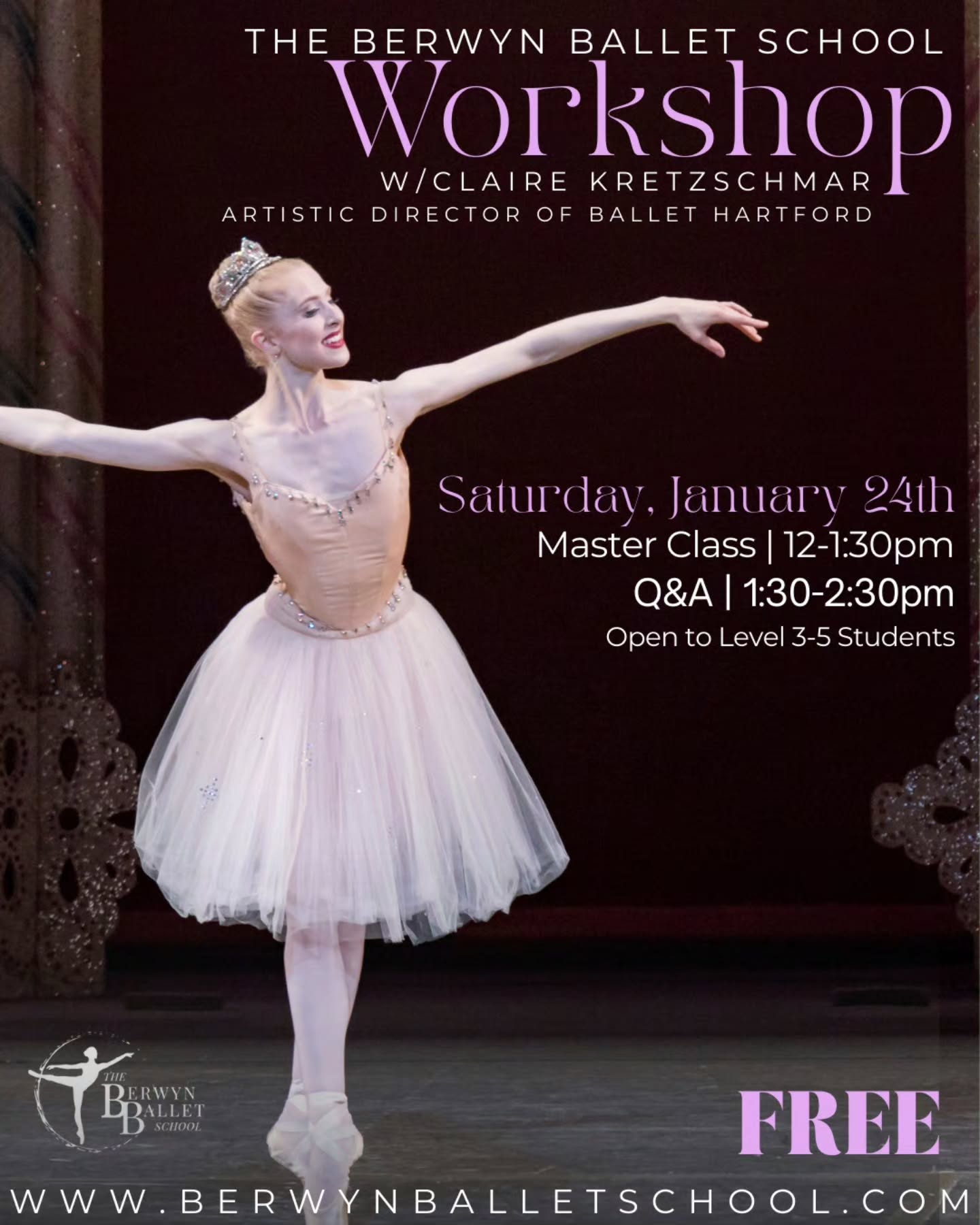 We are axcuted to welcome Artistic Director of Ballet Hartford, Claire Kretzschmar, for a master class and Q&A. Come with questions!
Workshop Schedule:
12-1:30pm Ballet Master class
1:30-2:30pm Q&A Session
FREE
TBBS Levels 3-5 or students ages 12 and older are welcome to attend this workshop
Photography by Paul Kolnik