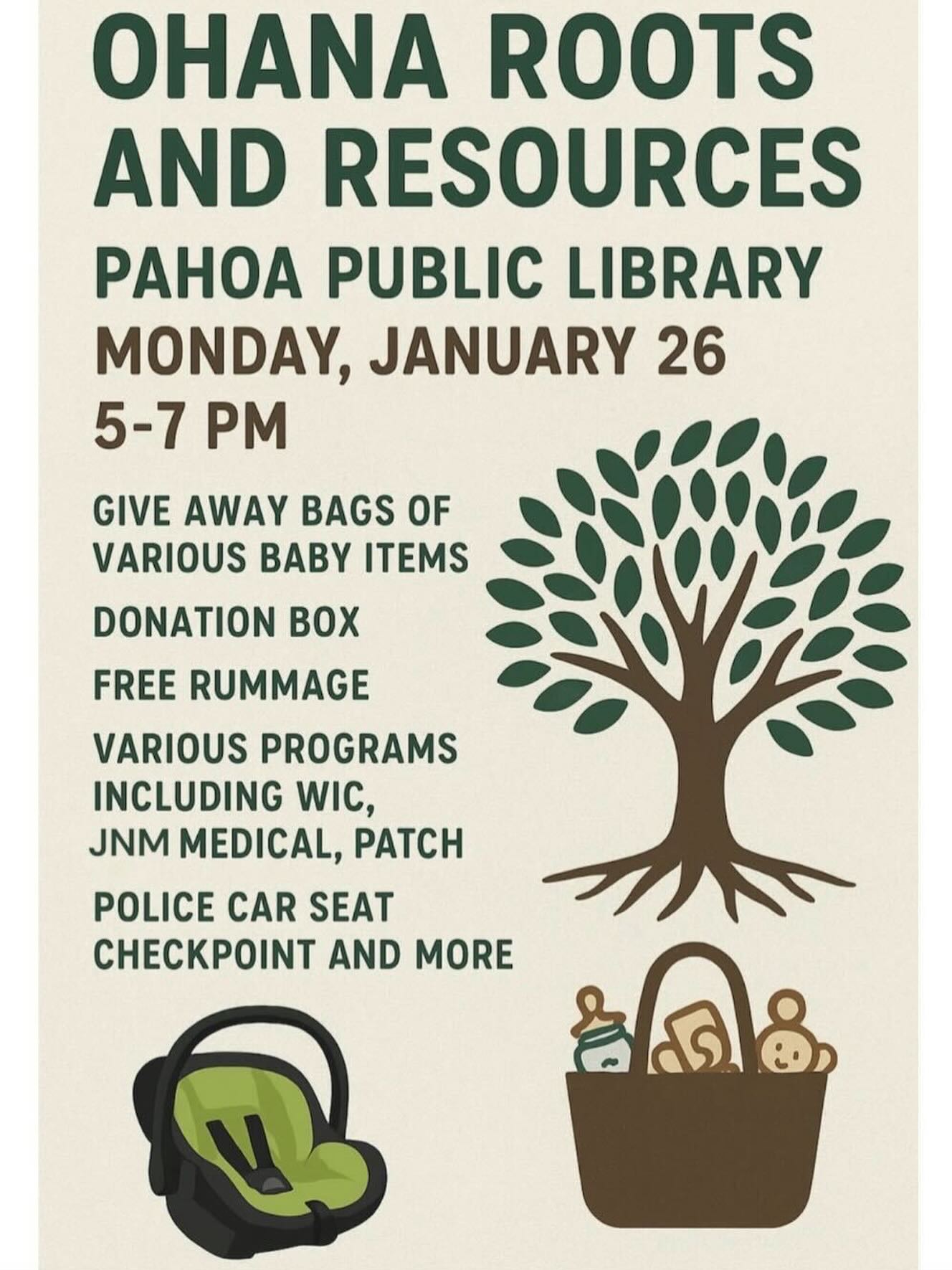 Join us for Ohana Roots & Resources at the Pāhoa Public Library 🌳
Free baby items, community resources, and support for the whole ʻohana.
🗓 Monday, January 26
⏰ 5–7 PM
All are welcome 💚
#hmhbhawaii #pahoapubliclibrary #ohana