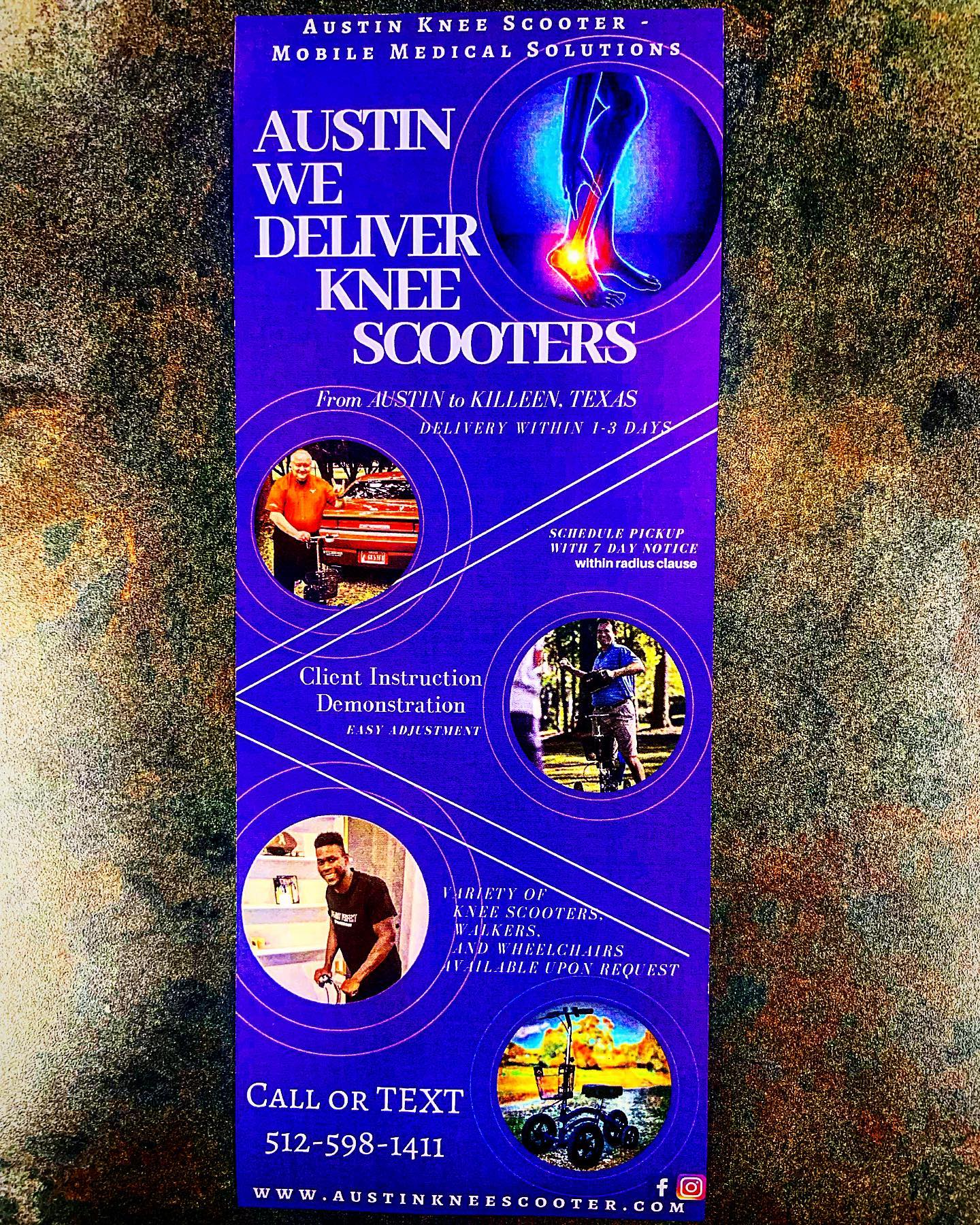 From Austin to Kileen. Call or Text if you need a knee scooter ASAP to 512-598-1411 we working around the clock!
Or email us at:
www.austinkneescooter.com
#austinkneescooter #austin #kneescooter #atxkneescooter #footinjury #footsurgery #wedeliver