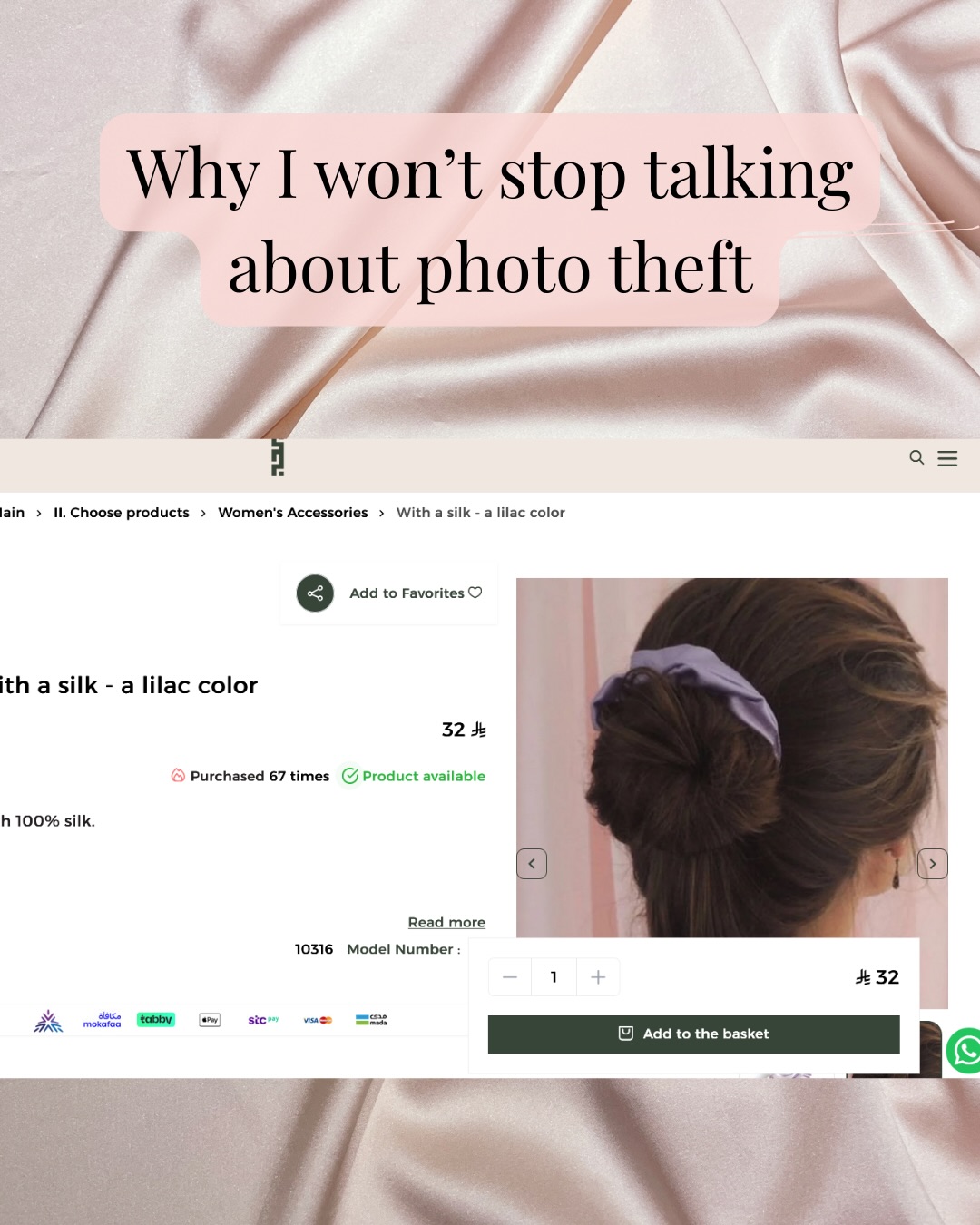 Why I won’t stop talking about photo theft
Even though I only talk about a fraction of them!
I can see how many times this business has sold lilac scrunchies using my photos. That’s over £425 earned using my photo.
Last year a couple of businesses did pay a fair licence fee for using my photos. (Those businesses have done the right thing so will remain unnamed) But if every business paid fairly like this, I could afford to pay off our entire mortgage!
Having my photos of my friend used like this isn’t just devastating. It can damage my business. Every time my photos are taken, I am at risk of Etsy deciding I am the one copying and closing my shop. Every photo theft risks me losing income and the trust of my customers if they find my photos on other websites.
But if a business is happy to take photos without consent... I imagine they also lack any morals needed to consider the damage they have done to both my business and my mental health.
Thank you for reading this. I’d love there to be a time where reporting photo theft wasn’t an ongoing issue. And if you have supported Mille Saisons over the years through interacting with my content or buying from me, when up against this, it means more than ever. Thank you for continuing to support a small business trying to make silk accessories with integrity against those who have none.
Image description- the above caption overlaid on several images mostly of an image of a white woman with a pale purple silk scrunchie in her hair and this image being used on @curating.withlove ‘s website without consent for commercial purposes