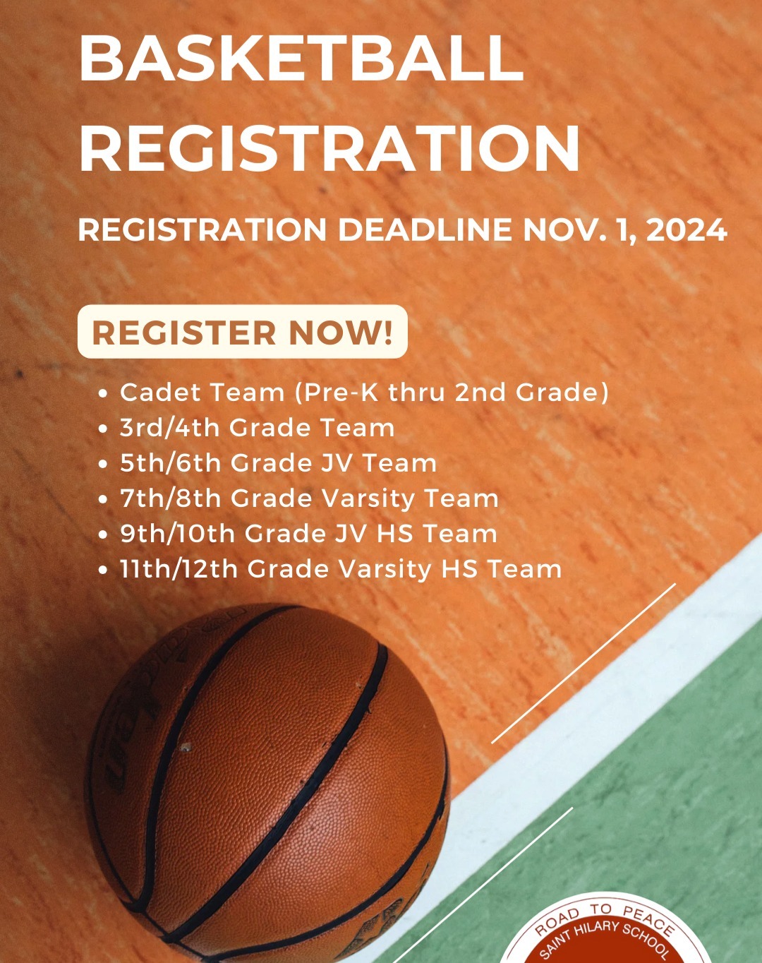 Registration for the CYO Basketball Season ends this Friday, November 1st. CYO sports are open to both St. Hilary's School and Parish children. Register at https://registration.teamsnap.com/form/14349