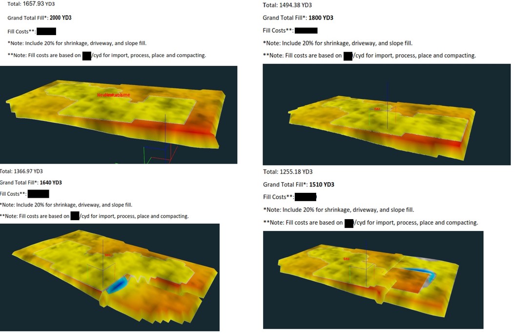 In a matter of a few minutes, we can provide multiple cut-and-fill cost estimates based on client client-provided input on building placement and changes to building footprint.
