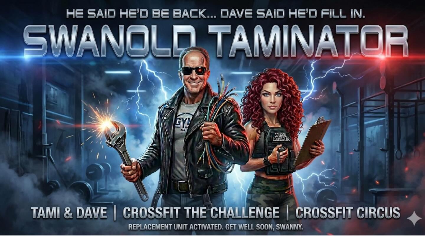 He said “I’ll be back”... well, actually, Dave said “I’ll fill in.” 🤖⚡️
The CrossFit Circus roster has had a last-minute plot twist!
After Swanny unfortunately suffered some broken ribs (heal up fast, Swanny! ❤️🩹), we needed a hero to step in.
Introducing team “Swanold Taminator”!
Starring: ⚡️ Dave (The Electrician): He’s here to keep the voltage high and shock the competition. 🧠 Tami (The School Counselor): She’s here to help us all process our feelings about thrusters.
It’s the sequel we didn’t know we needed. Dave is terminated... wait, no... determined to fill those shoes!
Give them a cheer (and maybe some bubble wrap for everyone’s ribs) in the comments! 👇
#SwanoldTaminator #CrossFitTheChallenge #CrossFitCircus #IllBeBack #GetWellSwanny