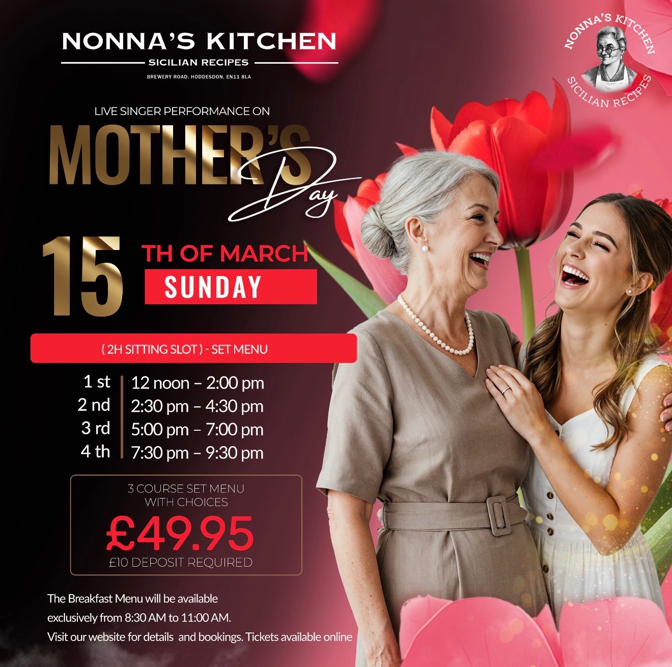Celebrate Mother’s Day at Nonna’s Kitchen 🍝
Treat your Mother to a special 3-course set menu with choices, served in a relaxed 2-hour sitting 💐 the perfect way to celebrate together 💖
Spaces are limited book early and make this Mother’s Day one to remember at Nonna’s Kitchen ❤️