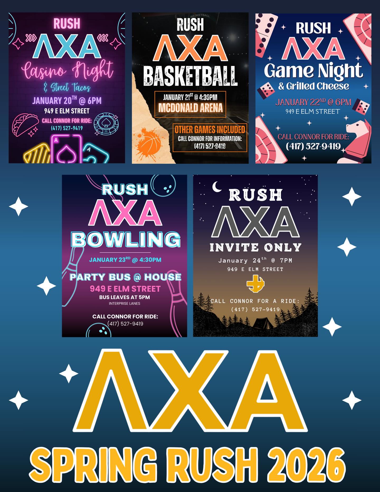 SPRING RUSH STARTS TOMORROW! 🤟
We’re excited to meet all our potential future brothers—come out and experience the true meaning of leadership, brotherhood, and tradition. If you have any questions, feel free to reach out to our Recruitment Chair or President. We can’t wait to meet you!
Recruitment chair- @connor_because 417- 527- 9419
President- @rajanraghani 417- 337- 0911