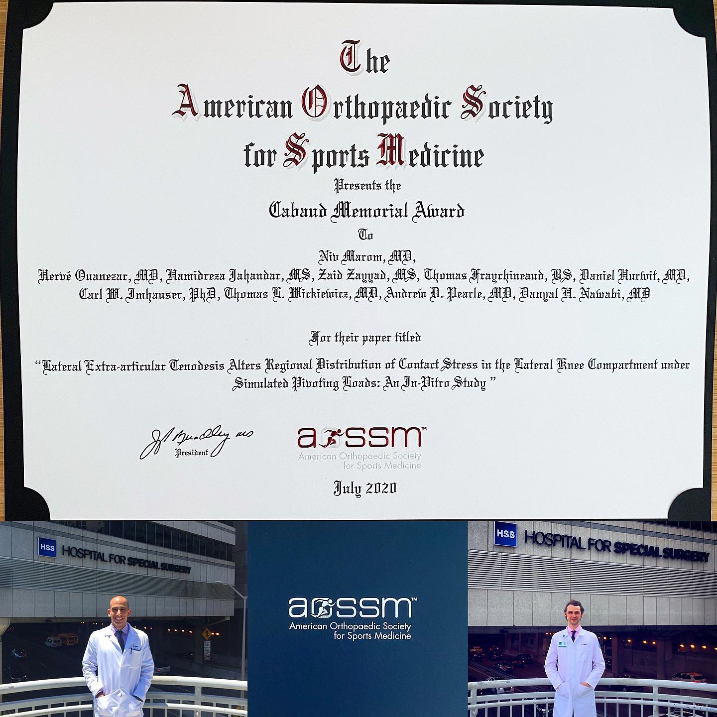 Cabaud Memorial Award! Fantastic Achievement! Big shout-out to my friend Niv and all the HSS family! #santigroup #sportsmedicine #hospitalforspecialsurgery #aossm