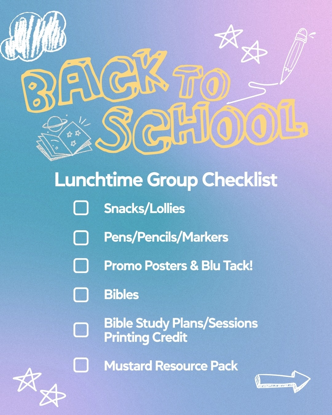 6 DAYS TILL BACK TO SCHOOL! Are you Lunchtime-Group-ready? 🤔
Here’s a reminder to pack a bag for your Lunchtime Group too!
And if you need some assistance, our team is always here for you 🤩
NEW to starting a Lunchtime Group in 2026? We’d love to send you a Starter Mustard Resource Pack.
They’re completely free for Student Leaders, thanks to our supporters!
📧 Simply email us at studentmovement@mustard.org.au to get yours today
——
#studentleaders #christianstudents #melbournechurch #christiansaustralia