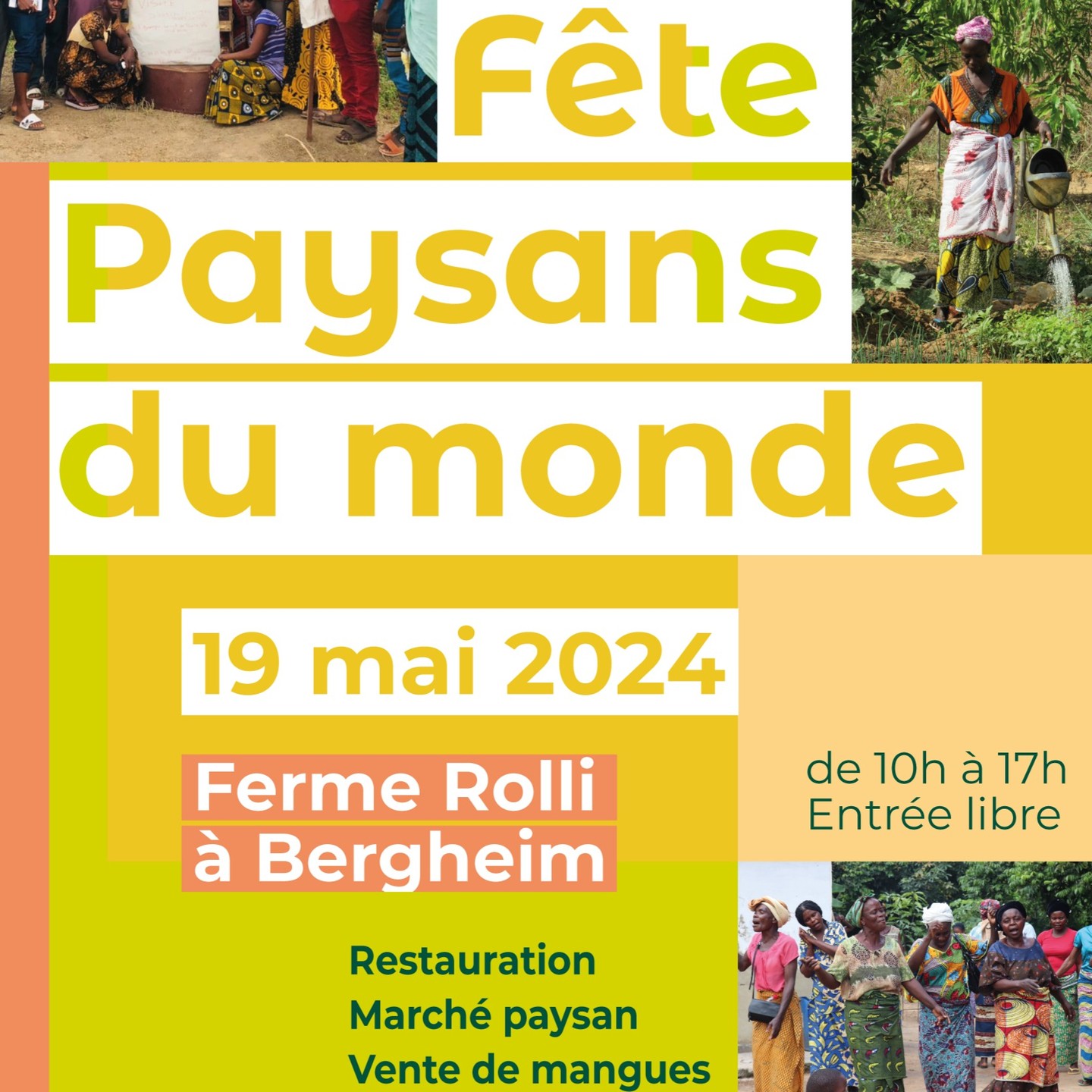 *Fête Paysans du Monde*
19 mai - Ferme Rolli - Bergheim
La fête Paysans du Monde est de retour!!
Retrouvez l'événement convivial qui permet de mettre en lumière les partenariats au Cambodge, au Congo et au Mali, le 19 mai 2024 à Bergheim!
Au programme: restauration africaine et alsacienne, vente de mangues du Wassoulou (Mali), marché paysan local, parcours ludique pour découvrir les agricultures du monde
Cette année, une délégation Congolaise et une délégation venue du Rwanda vous feront découvrir leurs pays et leurs cultures.
Nous vous attendons nombreux!!!
#fête #congo #afdialsace #mali #alsace #bergheim #cambodge #agriculture #grandest #afrique #asie