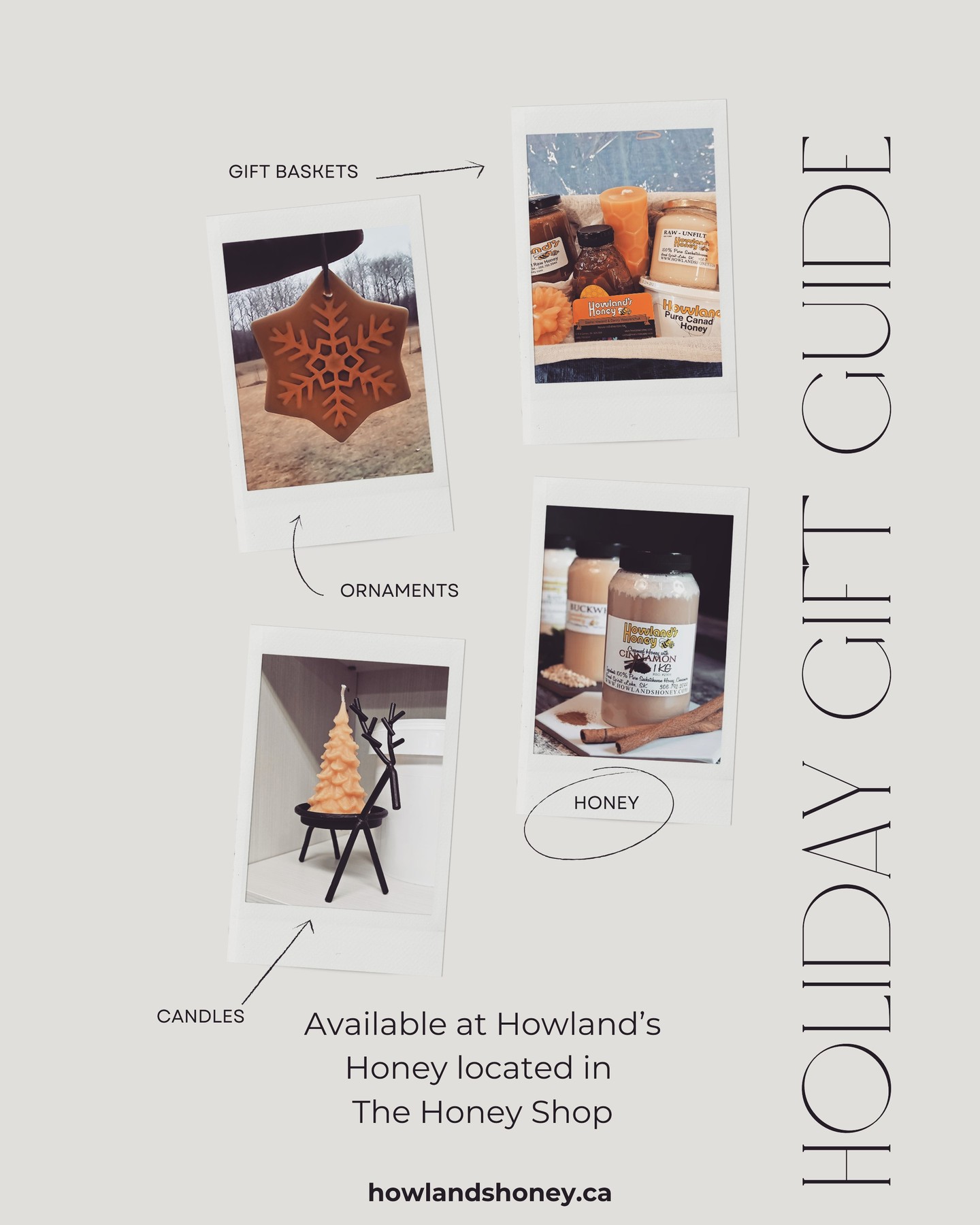 The Honey Shop is full and ready for your holiday shopping needs!
We have made this shopping season a little easier and have premade gift baskets for purchase. Howland's Honey is still available in all sizes and varieties. There are also beeswax candles and ornaments to choose from as well.
Click the link for Google Map directions to our farm: https://www.google.com/maps/dir//51.4836667,-102.6435/@51.4836667,-102.6435,16z?entry=ttu&g_ep=EgoyMDI0MTEyNC4xIKXMDSoASAFQAw%3D%3D