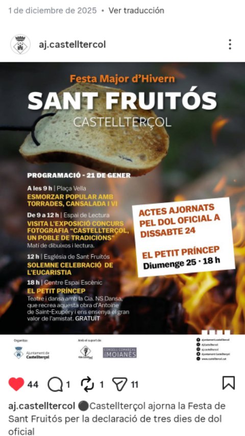 Bon vespre amics de EL PETIT PRINCEP:
Causes de força Major, com ha estat el dol oficial per l'accident ferroviari ens han fet aplaçar la funció a diumenge...
La nostra funció serà una dedicatoria i un homenatge a totes les persones que han patit aquesta desgràcia i a les seves families.
Ens veiem diumenge 25 de Gener a les 18h per gaudir de la màgia de la dansa.
#EspectacleFamiliar #dansacatalunyacentral #ElPetitPríncep #contesballats