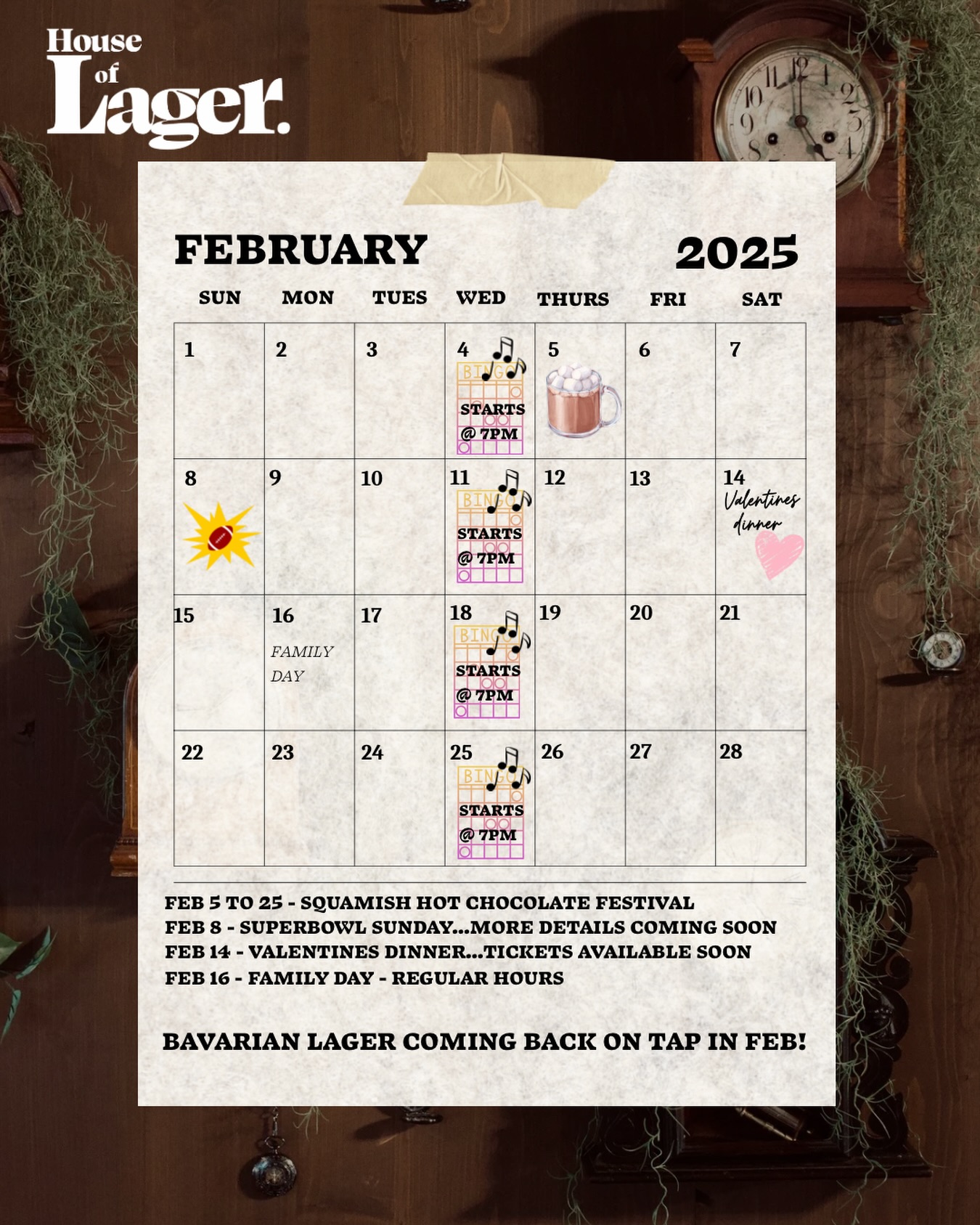 Your February plans start here!
🎶 Music bingo every Wednesday starting at 7pm
🏈 Super Bowl Sunday on February 8th
💕Valentines Dinner for two - tickets online soon!
☕️ Hot Chocolate Festival runs from Feb 5th-25th
Save the dates and make the most of the month with us!
Keep an eye out for our Bavarian Lager coming back on tap too 👀