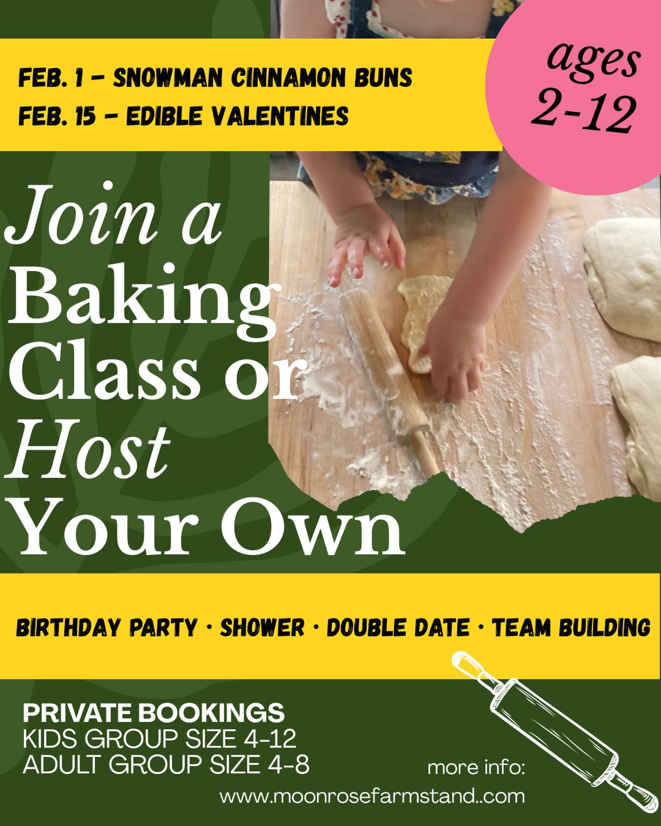 Just a few spots left in our upcoming kids baking series! Can’t make it - Customize your own class! Details on our website www.moonrosefarmstand.com
