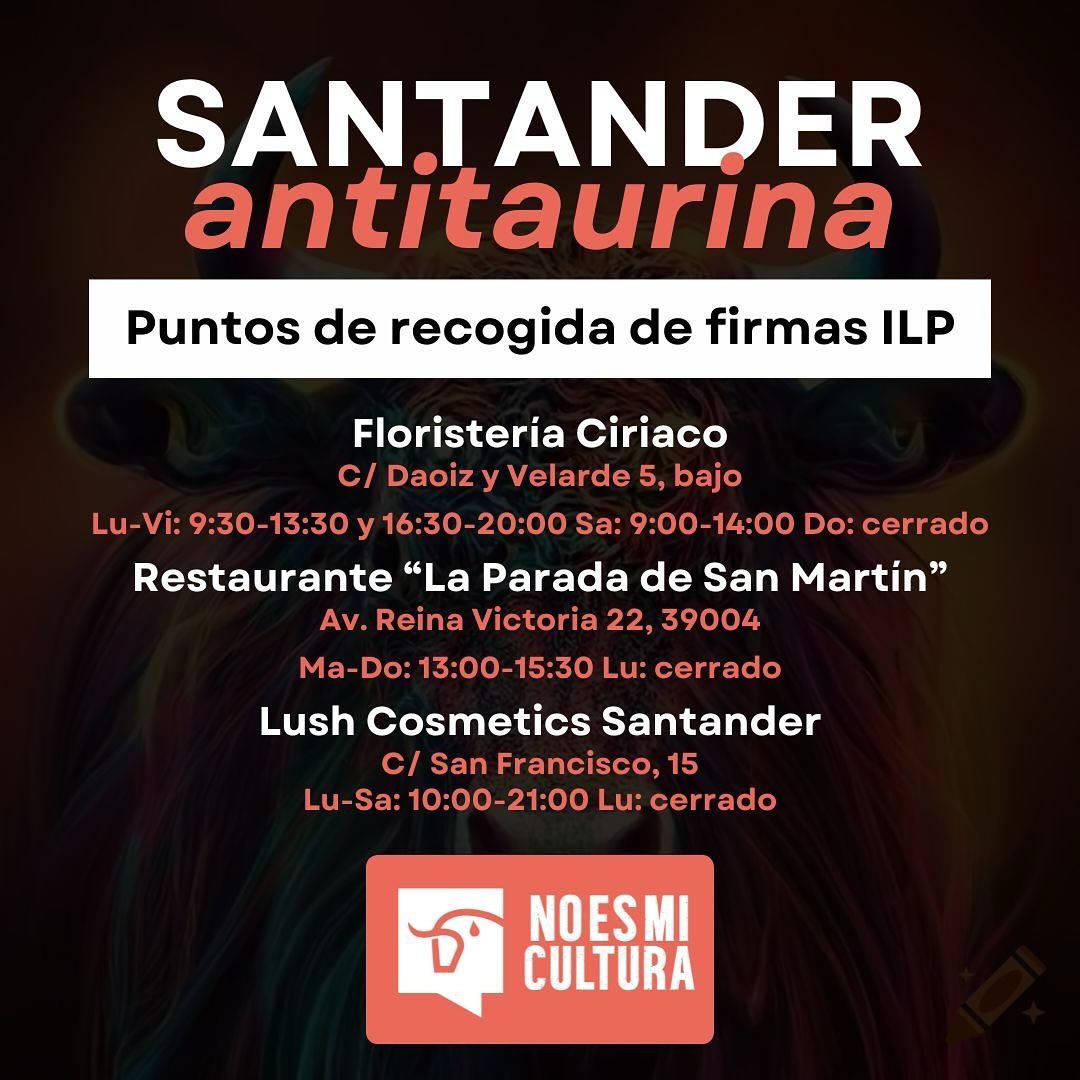 Necesitamos tu firma. 🙏🏻🐂 Ya tenemos 2 puntos de recogida de firmas para la ILP @noesmicultura.ilp en Santander:
@floristeriaciriaco
- Restaurante La Parada de San Martín.
Para recoger pliegos también podéis ir a Lush Santander, pero no podéis firmar ahí.
Con este ILP se busca derogar la ley que protege a la tauromaquia como patrimonio cultural… Es el primer paso para abolir esta horrible actividad en nuestro país. ✊🏻 Necesitamos 500000 firmas antes de noviembre. Si tienes DNI o pasaporte español y eres mayor de edad, necesitamos que te pases a firmar y que compartas este post, por favor. 😉
Si eres federatario/a también puedes pasarte por cualquiera de esos puntos a entregar tus pliegos rellenados o a recoger nuevos pliegos (necesitas mostrar tu acreditación).
Juntos podemos conseguirlo y acabar con la tauromaquia. ¡Vamos! ❤️✊🏻
#santander #santanderantitaurina #santandertaurina #stoptauromaquia #tauromaquiaabolicion #ilpnoesmicultura #noesmicultura #ilp #cantabria