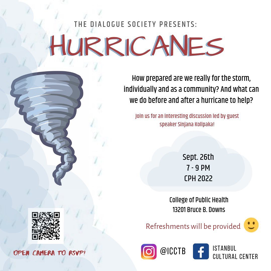 What happens every year and ruins lives? A lot of things. And hurricanes are one of them. It’s time to learn about preparation beforehand and how to help after, moving away from an individual basis to catalyze change at a community level. 🌪
Join us for an interesting discussion led by Sinjana Kolipaka. We’ll have refreshments and more! Mark your calendar!