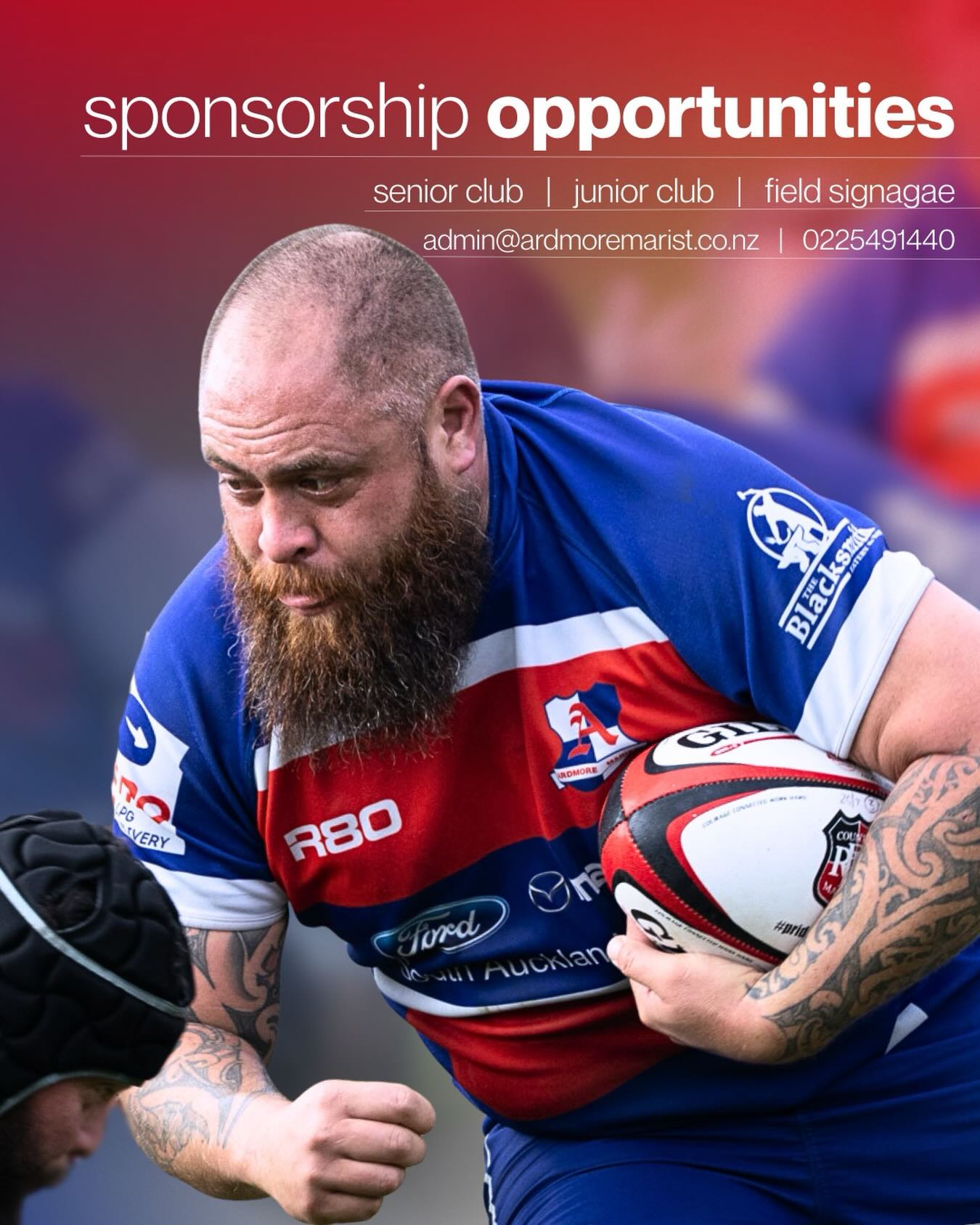 Sponsorship opportunities with Ardmore Marist 🔴🔵
Club naming rights | Senior jersey placement | Field signage | Junior gift initiatives + more
Support local rugby and grow your brand with us.
📧 admin@ardmoremarist.co.nz
📞 022 549 1440