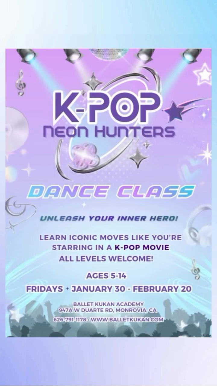 Our brand new mini session inspired by Kpop demon hunters is almost here! And our spots are almost full π«Ά If you have a little one ready to shine like a K-Pop star, we have the class for you. β¨
π K-POP DANCE CLASS MINI SESSION (Ages 5β14)
Learn iconic moves and demon hunterβinspired choreography ππ₯ Feel like the main character in your own K-pop fantasy!
π Fridays, 6 PM β 7 PM
π
January 30th, February 6th, 13th, & 20th
β¨ 4 classes of dance, fun, and confidence-building for your child
π947A W Duarte Rd, Monrovia, California
π Link for Registration: https://app.thestudiodirector.com/balletkukan/portal.sd?page=Login
Or find it in our bio π
#monroviadance #monroviaevents #kidsdanceclass #toddleractivities #classesforkids