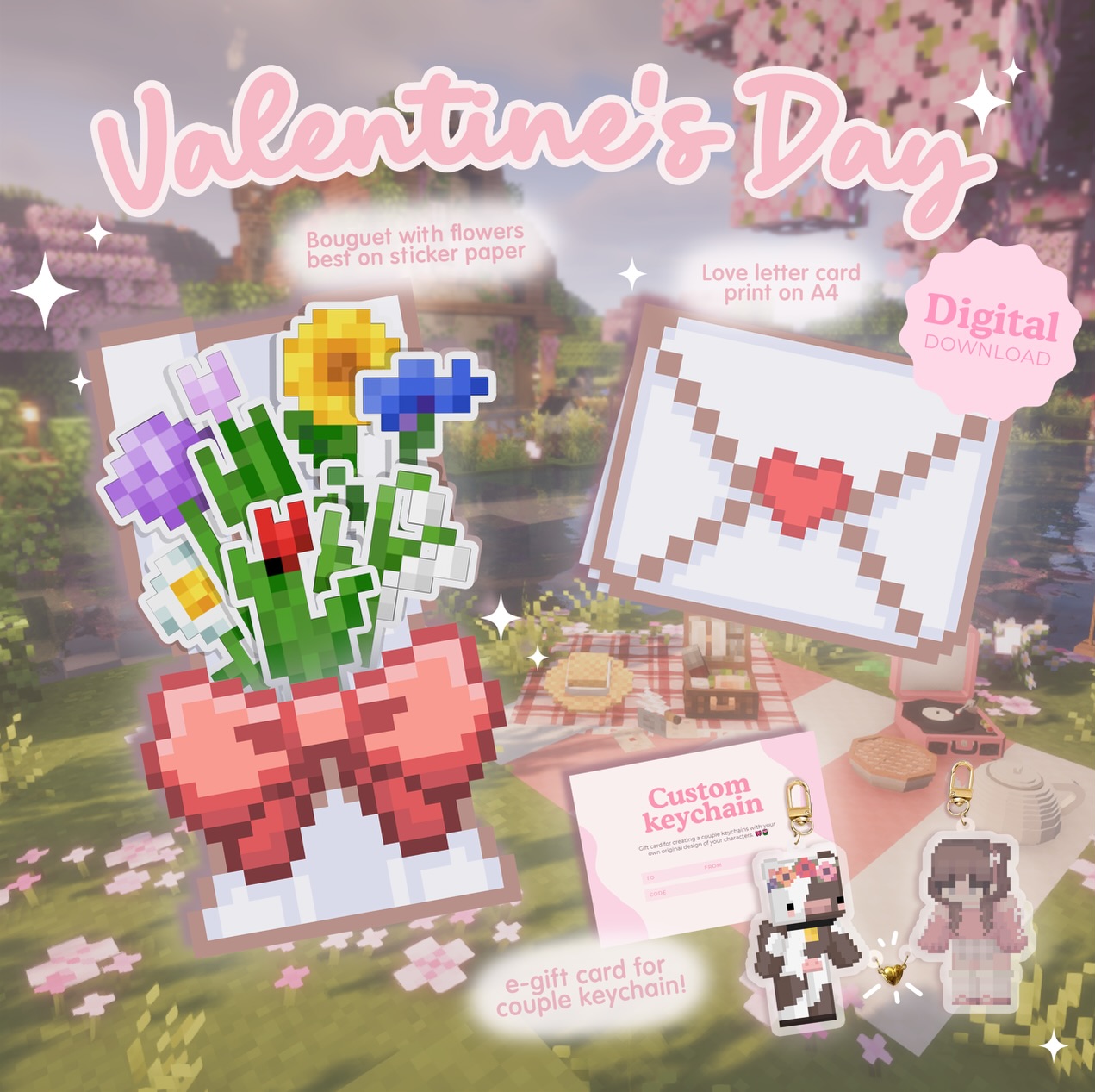 The Valentine’s Day collection is now available
🌹🏹
Small gifts can make anyone happy - that’s the motto of this collection. Themed bouquets 💐 and love letters 💌 are now available on the website as digital products, ready to print! 🖨️
You can add a new e-gift card ✉️ for a couple keychains. These are two pieces with a custom design of your MC skin created pixel by pixel ✏️, keychains can be connected with a magnetic heart. 💞
The card is perfect, you don’t have to worry that your gift won’t arrive on time 🕑, struggle to find out your partner’s MC Skin details 😮💨…. Your partner can use the card to create a keychains together with you! ✨
🌸 You can also download our template and write a hand letter ✏️, along with the special code for redemption. 🎀
#valentinesday #valentinesgift #couple #minecraft #gift