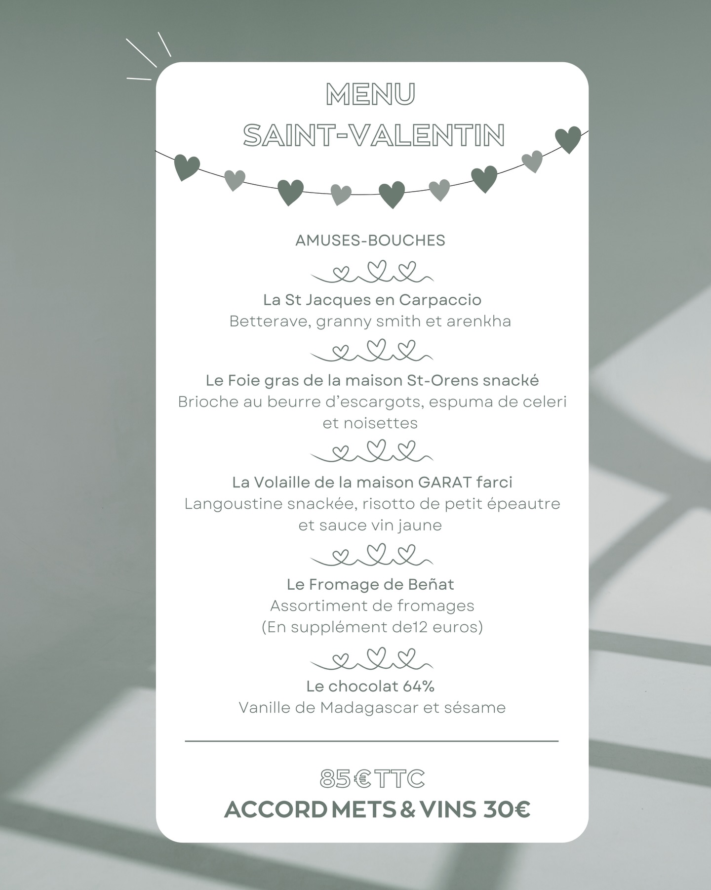 Parce que c’est déjà dans 4 semaines !
On vous a concocté un petit menu spécial Saint-Valentin
Au programme de la noix de St-Jacques, du foie gras, du chocolat… de quoi ravire vos papilles.
🩷🤍💜
#brut #tabledesaison #Gastronomie #RestaurantLove #collegeculinairedefrance collegeculinaire CuisineGourmande ChefCuisine Restaurantsaintdeluz DéliceCulinaire ArtCulinaire CuisineLocale DînerGastronomique TableGourmet SaveursDuMonde PlatsGourmands MenuDuJour ExpérienceCulinaire BonAppétit Restaurateurs FoodieFrance PlatsSignature CuisineDeSaison saintjeandeluz collegeculinairedefrance collegeculinaire