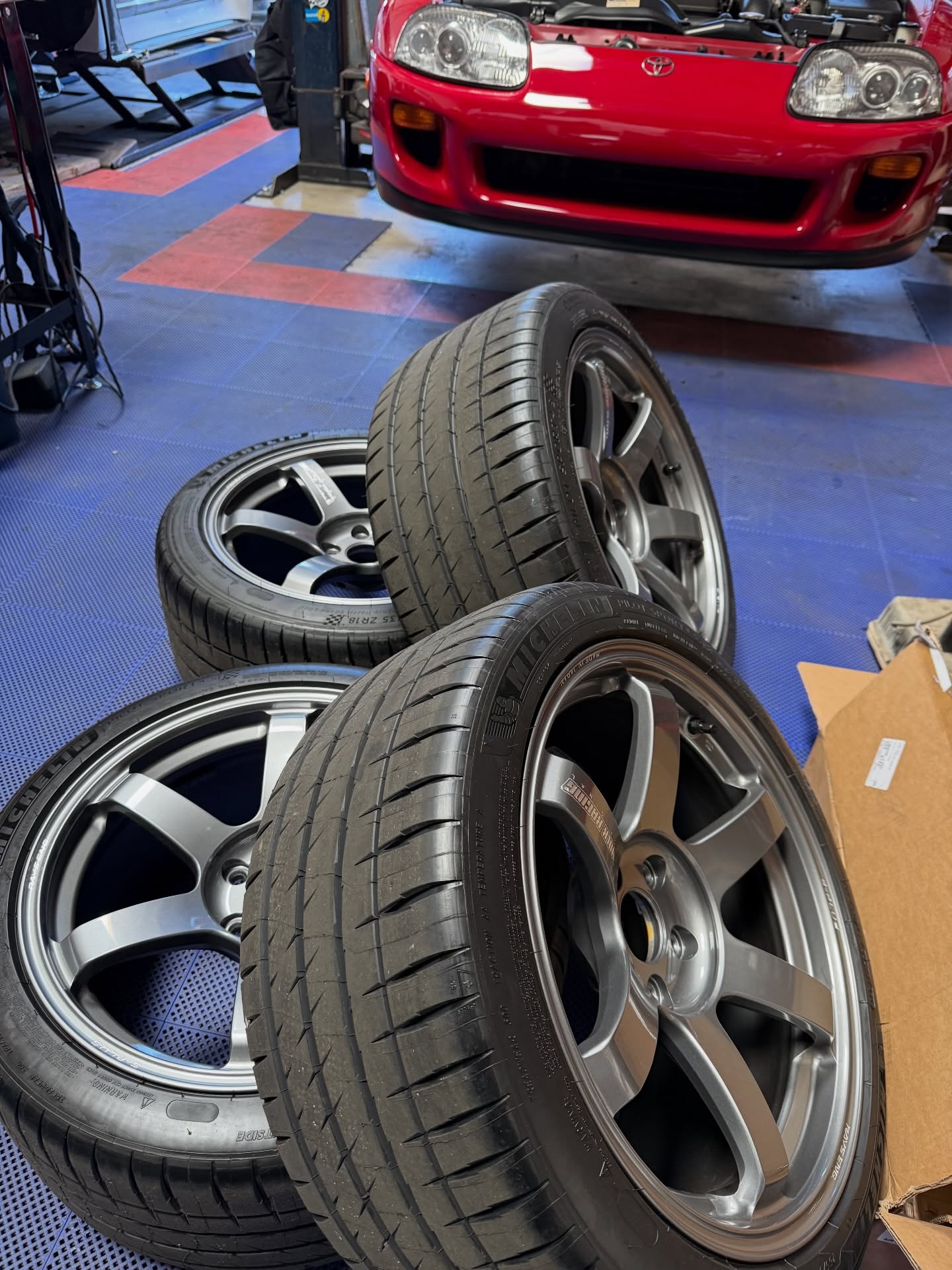 MKIV Supra in for some well needed maintenance.Brake Pads, Fluid flush(So dark), Tein Flex Z coilovers and some new shoes with the @rayswheels_official TE37 SAGA wrapped in @michelinusa tires. More upgrades for this bad boy soon 😍😍😍