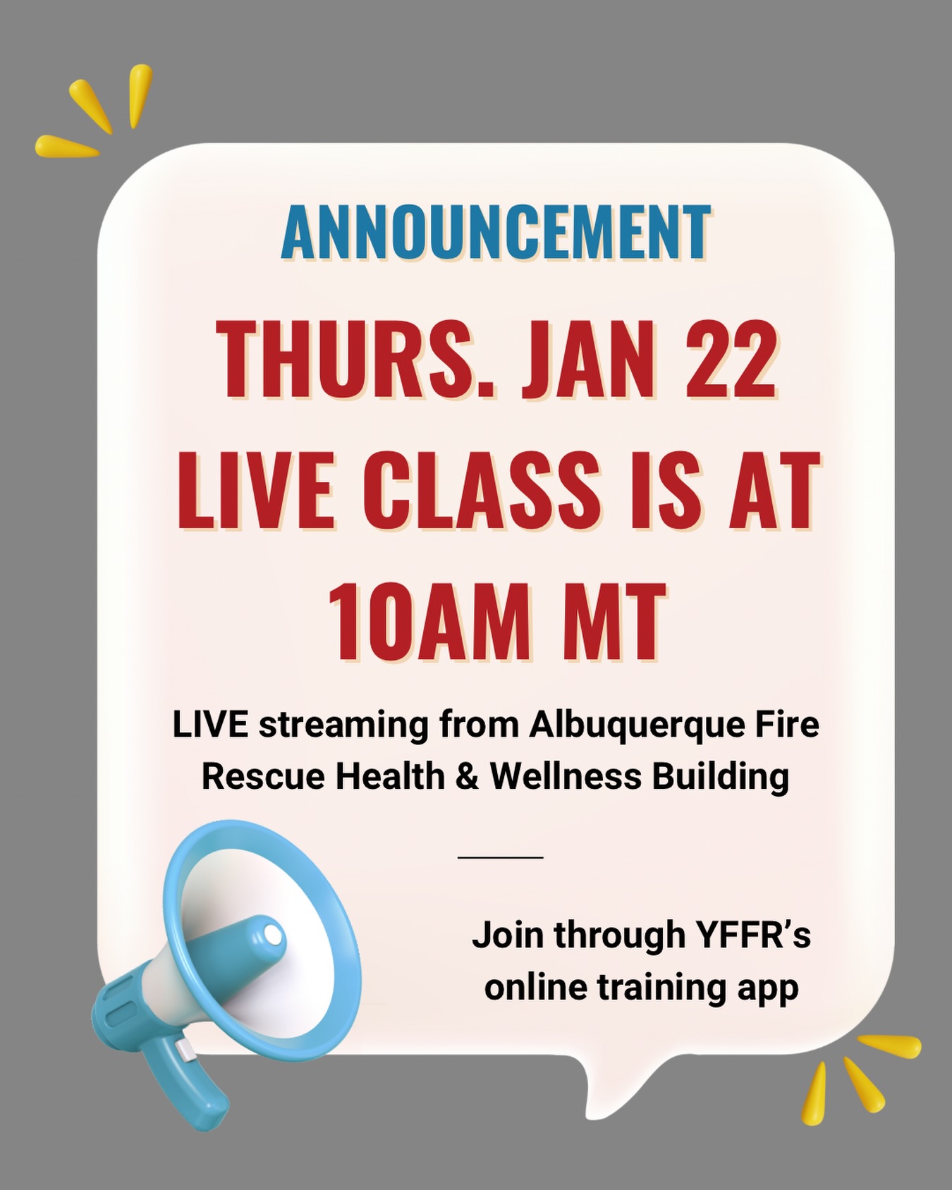 For all online/app users! Tomorrow’s class goes from 10-11am MT! Live streaming from @abqfirerescue - Free and all are welcome. Head to our website and join YFFR University with a free account to get started!