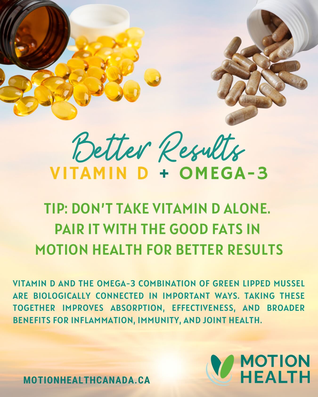 There have been new studies released recently emphasizing the value of Vitamin D for everyone. Where we live, how we spend our time, the food we eat and even the SPF we use can affect our Vitamin D absorption.
When taken together, omega-3s and Vitamin D have improved absorption and support broader benefits for inflammation balance, immune function, and joint health.
Why Vitamin D Needs Omega-3s
1. Better Absorption
2. Inflammation & Immune Support
Vitamin D helps regulate immune signaling, while omega-3s especially EPA, DHA, and ETA from green-lipped mussel help calm inflammatory pathways.
3. Improved Vitamin D Signaling
Vitamin D works by binding to receptors found in muscles, joints, immune cells, and bones. Omega-3s support flexible, healthy cell membranes, allowing vitamin D receptors to function more efficiently.
4. Joint, Muscle, and Bone Synergy
• Vitamin D supports calcium metabolism, muscle strength, and bone health
• Omega-3s (including ETA) help reduce joint inflammation, support cartilage, and improve mobility
Together, they support both structural strength and comfortable movement.
5. Green lipped mussel delivers omega-3s including unique ETA that target inflammatory enzymes linked to joint degeneration, along with natural lipids that enhance fat-soluble nutrient absorption.
This makes it an ideal partner for vitamin D for both humans and pets.
#feelgoodfriday #vitaminD #omega3 #motionhealth #greenlippedmussel