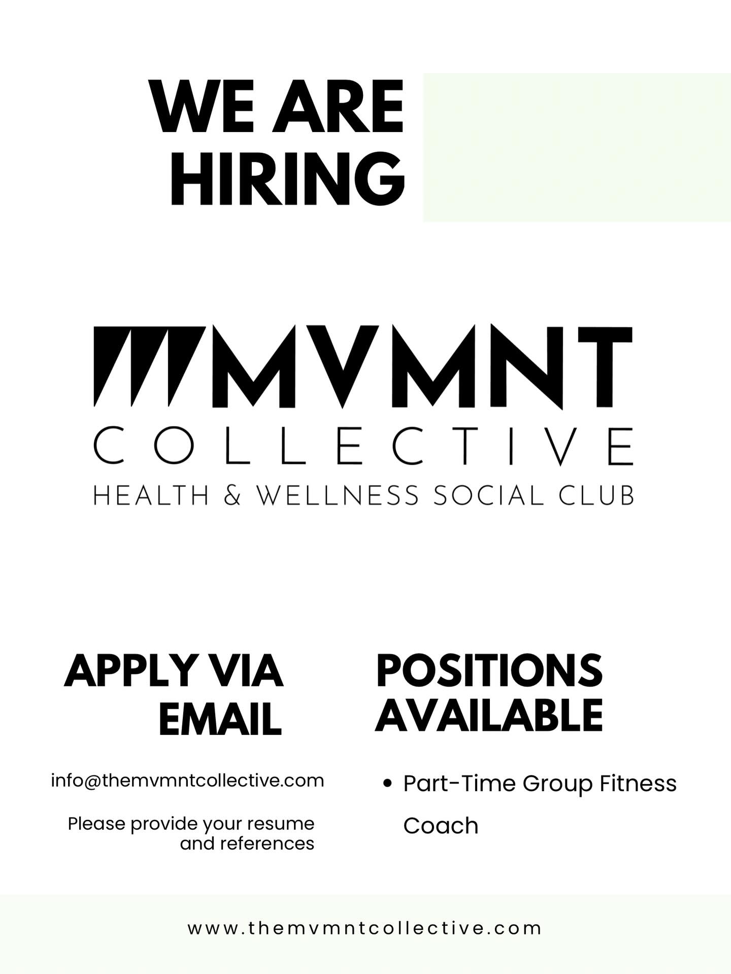 MVMNT Collective is seeking a Part-Time Coach who has a passion to lead group classes and to ensure safety and effectiveness of programming to meet member goals. The ideal candidate is a positive, engaging teacher with a passion for fitness and helping others and thrives in a community environment.
Key Responsibilities
• Lead group sessions in an efficient, safe, and engaging manner for all ability levels
• Coach warm-ups, mobility, and movement prep
• Teach proper technique, mechanics, and safety
• Create a positive, motivating, community-driven environment
• Continuing education to update knowledge
• Maintain the cleanliness & organization of the facility
Experience & Qualifications
• CF-L1 (or higher), CSCS, ACE/NASM CPT, or similar (additional USAW, FRC, etc. is bonus)
• CPR/AED Certified
• 1–2+ years coaching experience
• Strong leadership, communication, and public speaking skills
• Ability to scale, regress, and progress movements for all levels of individuals
• Passion for coaching, growth, and helping others move better
• Compassion and genuine care for individuals from all backgrounds
Benefits
• $25–$35/hour
• Free facility & class access
• Continuing education support
• Opportunity for growth into additional hours or personal training opportunities
Questions? Shoot us a message, we’d be happy to answer. Think it would be a good fit for you? Apply today, send us your resume at info@themvmntcollective.com