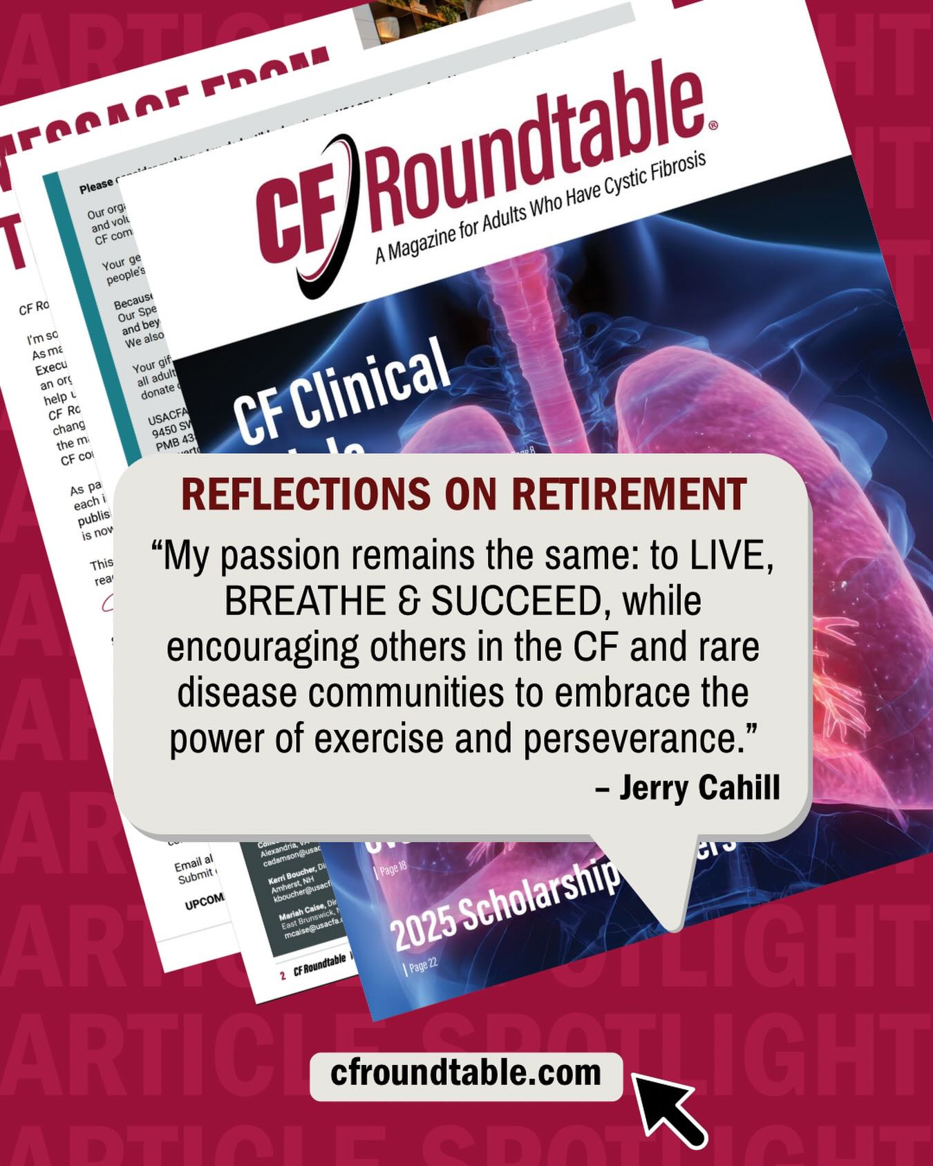 Did you know the CF Roundtable magazine is THE ONLY publication written by people with cystic fibrosis for people with cystic fibrosis?
▪️Fresh look. New issue. Important conversations focusing on Retirement and CF Clinical Trials.
▪️Jerry Cahill shares his insights on retirement and cystic fibrosis on page 6.
▪️We're happy you're here for the next chapter of CF Roundtable!
▪️ Visit cfroundtable.com to subscribe to our free magazine!
#cf #cfawareness #cfcommunity #cfirl #cysticfibrosis