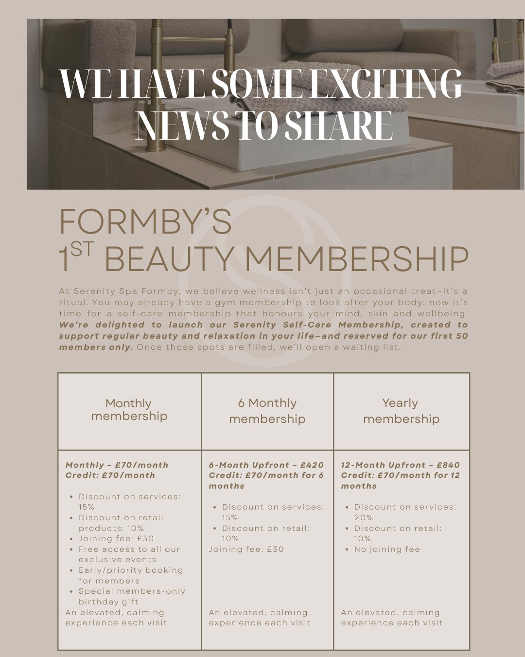 ✨ Introducing Formby’s first Beauty Membership ✨
A membership designed for self-care, wellbeing, and rewarding loyalty 💛
Start the year by investing in you — with exclusive member perks and feel-good treatments you’ll look forward to every month.
🌿 Founder Member slots are almost full.
📩 Email members@serenityspaformby.co.uk to join.