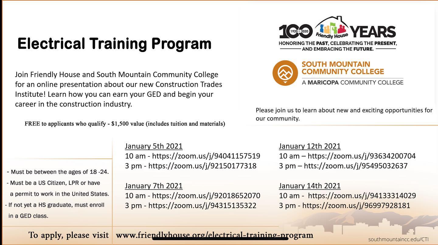 Happy New Year to all! 😃
Friendly House has partnered with South Mountain Community College to open a Construction Trades Institute! If you or someone you know is looking to become an Electrician please share!