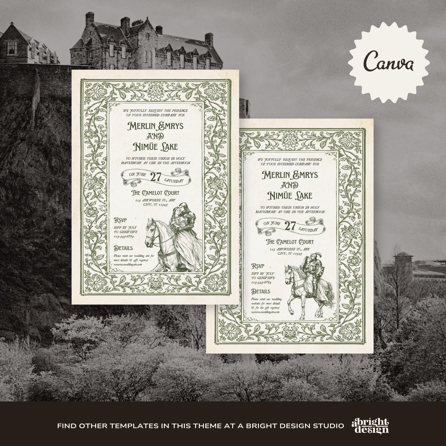 Step into a timeless tale of romance 🤍⚔️
This medieval fantasy wedding invitation template is inspired by antique storybooks, Arthurian legend, and old-world engravings. Designed for couples who dream of a fairytale beginning, this 5x7 in invitation blends vintage elegance with fantasy romance.
This digital template features two unique knight and lady illustrations, both riding horseback in a classic medieval engraving style. Each illustration can be used as a focal point for your invitation suite, allowing you to create a cohesive yet varied design across your wedding paper goods.
Medieval Fantasy Wedding Invite | 5x7 INCH | Digital Download Template
—— PERFECT FOR ——
• Medieval fantasy weddings
• Lord of the Rings–inspired celebrations
• Renaissance or fairytale themes
• Gothic, cottagecore, or storybook weddings
#medievalfantasy #fantasybooklover #medievalwedding #lotrwedding #vintageweddingideas