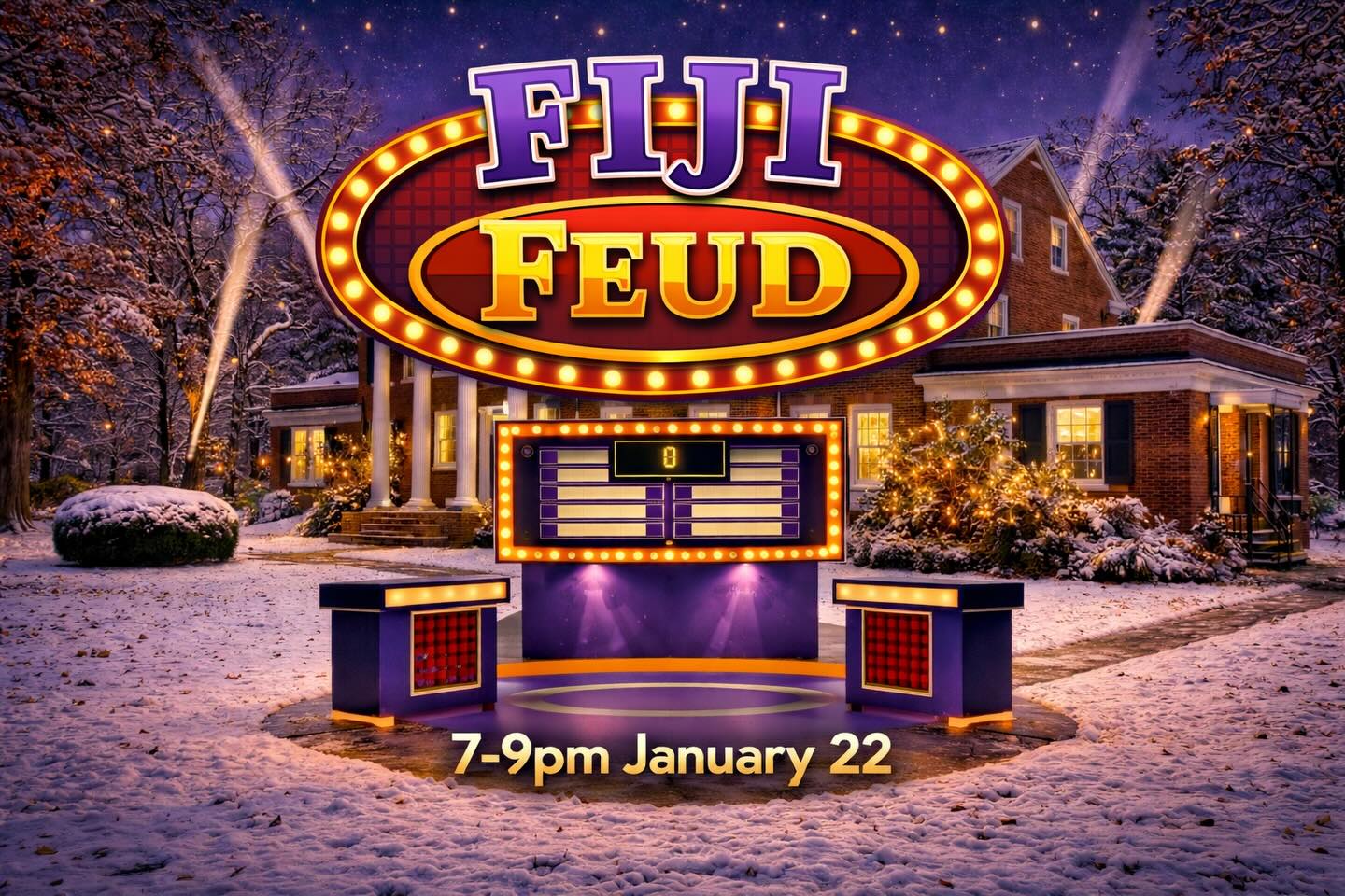 FIJI Feud is happening tonight 💜🦉
If you are thinking about joining FIJI or just want to check us out this is a perfect chance to stop by, meet the guys, and have some fun
January 22 from 7 to 9 pm
Phi Gamma Delta
35 Williams Drive
Come play, hang out, and have a good time!
