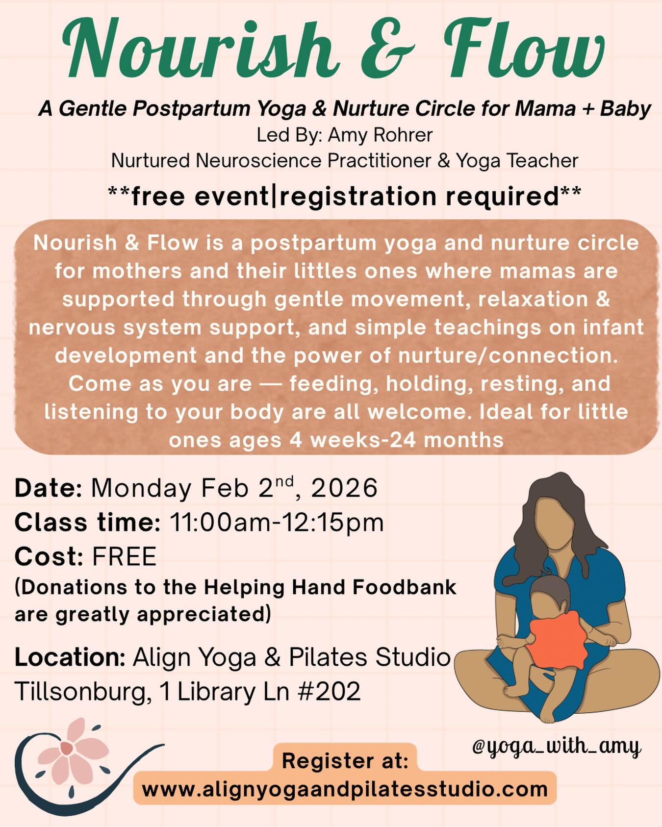 Motherhood asks so much of our bodies, our hearts, our nervous systems.
Introducing… Nourish & Flow 🌸taking place on Monday Feb 2nd @ 11:00am-12:15pm
This free Mom & Baby Yoga + Nurture Circle is a place to slow the pace— to move gently, to share honestly,
to learn how nurtured parenting supports both mother and baby. This free class will include:
✨ Gentle yoga for your postpartum body
✨ Babies welcome just as they are
✨ Nervous system support for real-life motherhood
✨ Open sharing + a short teaching on nurtured parenting & infant brain development
Come as you are—tired, tender, joyful, overwhelmed.
This is a soft place to land. 🤍
🫶 Free - however donations to the Helping Hand Foodbank are greatly appreciated 🙏🏻
👉 Save your spot + tag a mama who might need this!
Head to the @alignyogaandpilates to register!
#momandbabycare #tillsonburg #oxfordcounty #babyandme #woodstockontario