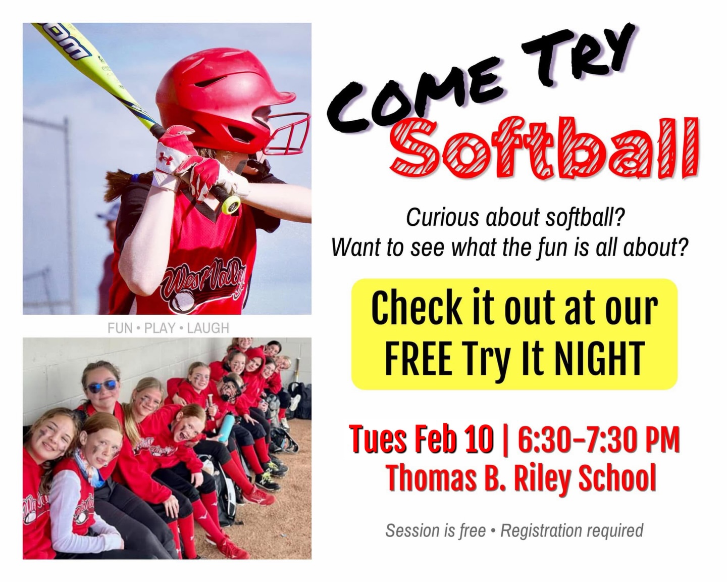 🥎 Come Try Softball Night 🔴
Curious about softball or want to invite a friend to try your favourite sport? Try Softball Night is a great opportunity for beginners who haven’t played before.
Join us for our FREE ‘Try It’ event on Tuesday, February 10, 2025 from 6:30 to 7:30 PM at Thomas B. Riley School.
⚠️ Registration is required, and spots are limited!
See our link in our bio 🔗
This event is geared towards those with no or limited softball experience.
🥎What to wear/bring:
• Water bottle
• Indoor running shoes
• Wear comfortable clothing (sweatpants, leggings, t-shirt, etc.).
Nice to bring, but not required:
• A softball glove (borrow from a friend)
• Bat or helmet
There will be loaner gloves, bats & helmets available if needed
#ComeTrySoftball #westvalleysoftball