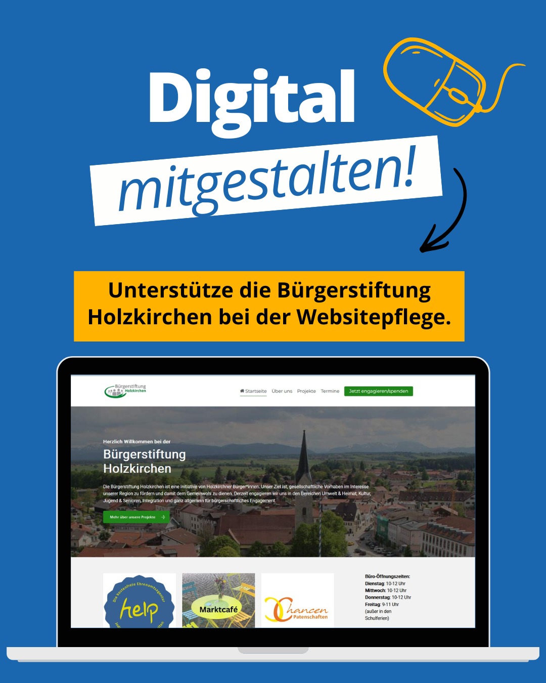 Die Bürgerstiftung Holzkirchen engagiert sich für soziale, kulturelle und gesellschaftliche Projekte vor Ort.
Für die Website sucht sie Hilfe bei der Pflege, Weiterentwicklung und Betreuung der Inhalte.
Deine Aufgaben:
✅ Inhalte pflegen und aktualisieren
✅ neue Seiten erstellen und unterstützen
✅ Texte einstellen und überarbeiten
WordPress-Kenntnisse sind erforderlich. Der zeitliche Einsatz ist flexibel und gut planbar.
📩 Interesse? Schreib uns eine PN oder melde dich direkt bei Dagmar Schoder: schoder@bs-hoki.de
Du suchst ein anderes Ehrenamt?
Auf www.freilich-bayern.de findest du viele weitere Möglichkeiten, dich mit deinen Interessen und Fähigkeiten einzubringen.
Oder komm zu uns und lass dich beraten. Eine Übersicht unserer Standorte und Beratungszeiten findest du unter www.nea-mb.de.
@freilich_bayern
#Ehrenamt #Holzkirchen #NEAvernetzt