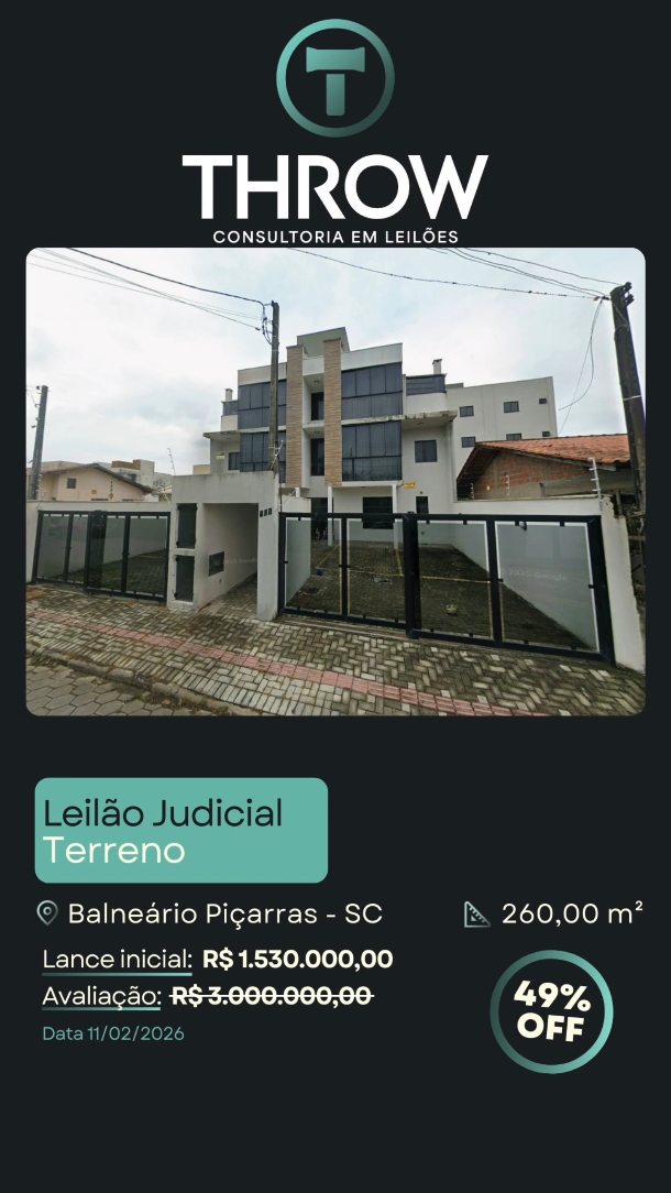 Imóvel em Balneário Piçarras, avaliado em
R$ 3.000.000,00, agora disponível por R$ 1.530.000,00, cerca de 49% abaixo da avaliação.
Terreno de 260 m² com edificação em alvenaria de três pavimentos, totalizando 448,90 m² construídos.
São quatro unidades habitacionais, duas de 81,90 m² e duas de 142,55 m².
Imóvel murado, com calçada e paver, em região procurada por veranistas. Segundo vizinhos, já utilizado para locação de temporada, o que indica potencial imediato de renda.
🔗Fale conosco pelo direct ou clique no link da bio e veja como arrematar imóveis em leilão com segurança, rentabilidade e o suporte completo da Throw Leilões.
#ImóvelEmLeilão #InvestimentoImobiliário #BalneárioPiçarras #ThrowLeilões #LeilãoDeImóveis RendaImobiliária