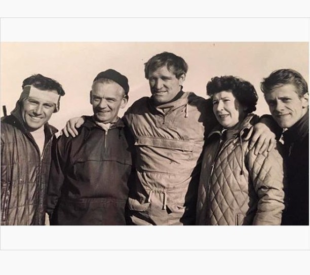 Terry Bamber Week - Dickie Bamber (far left) with Richard Harris, and some of the crew who were working on legendary action film ‘The Heroes of Telemark’. #mercurypictures #dickiebamber #terrybamberweek #richardharris #actionfilm #theheroesoftelemark