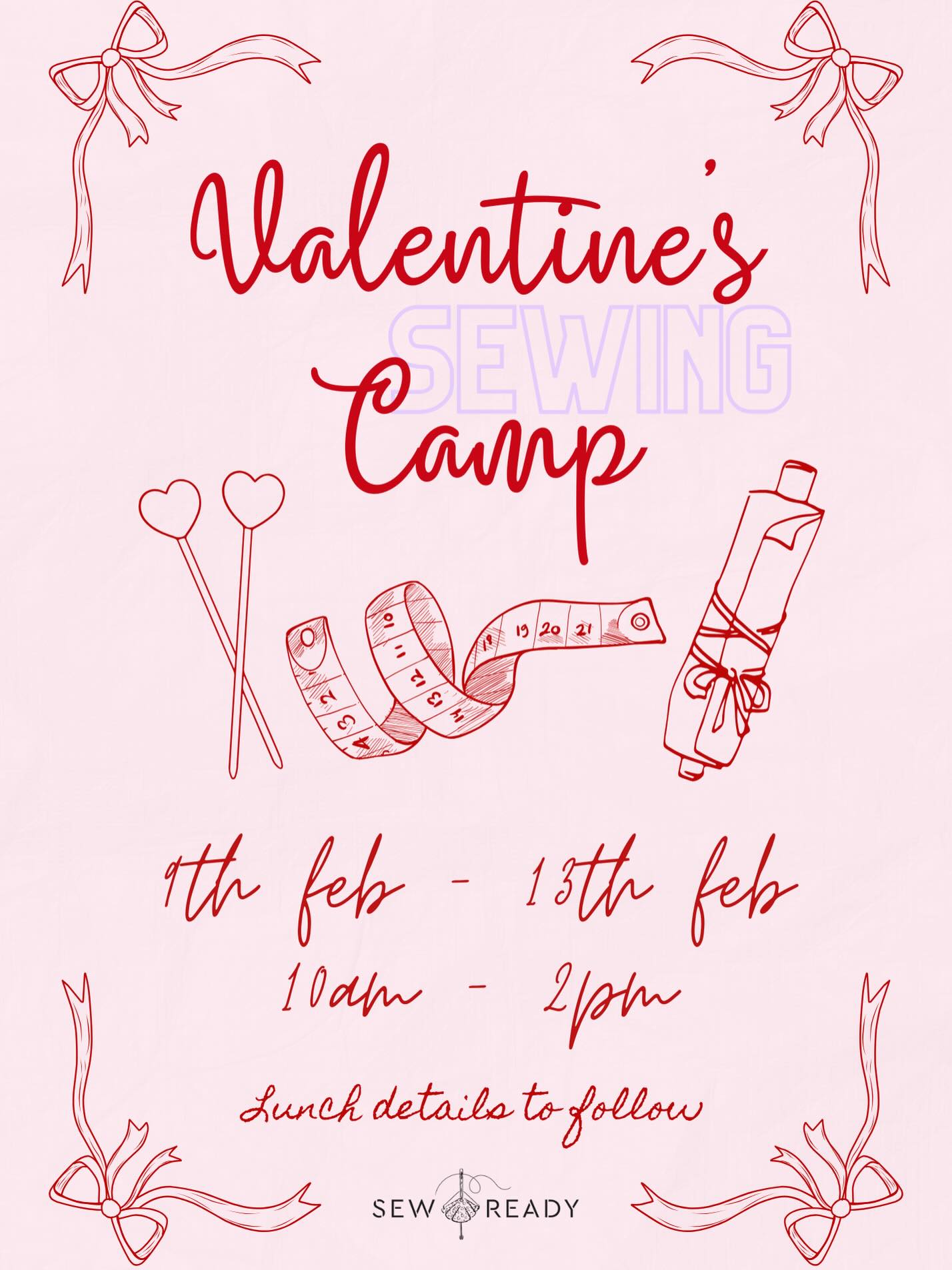 Valentine’s Sewing Camp 💕
Ages 6–12 | 10am–2pm | 9th–13th Feb
A fun, creative holiday camp where children learn to sew, make new friends, and feel proud of what they create. Designed to be calm, supportive, and stress-free, no experience needed.
✨ Book the full week:
https://app.classmanager.com/portal/sew-ready/enrolment/classes/valentines-camp
✨ Or book individual days:
https://app.classmanager.com/pay-as-you-go/sew-ready?class=valentines-camp
Perfect for curious, creative kids 🧵✨
Limited spaces 💖
- - -
#sewreadycamp #letslearntosew #sewingschool