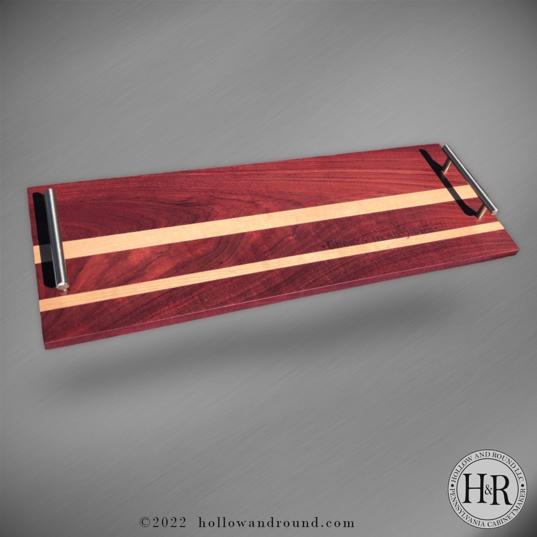 Cheers to 40 Years! So says the burned inscription. Purpleheart and maple serving tray for a special birthday celebration.
As much fun to make as to use. 🍾
What do y'all think about this backdrop? We pulled a handful of pieces - some recent, some from the journey - to share as a short series over the next few weeks. Should we keep this look for the set?
Thanks for stopping by