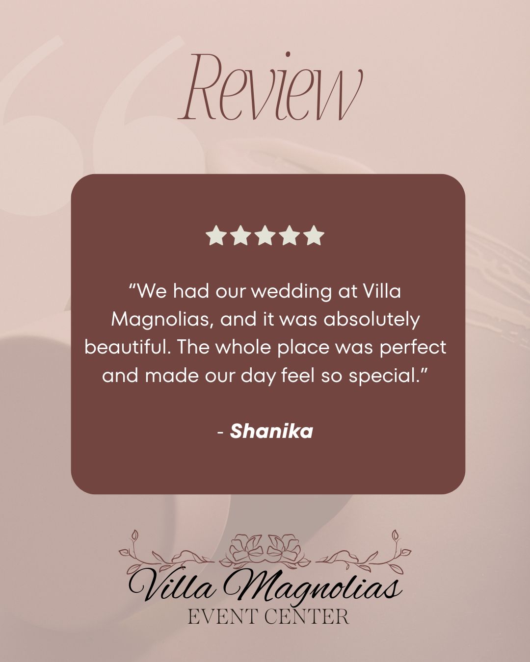 ⭐️ Client Love We’re So Grateful For ⭐️
Nothing means more to us than hearing how our space and team helped make a special day even more memorable. Thank you, Shanika, for taking the time to share such a kind and thoughtful review of your experience at Villa Magnolias Event Center.
Your words truly affirm why we do what we do—creating beautiful, seamless, and welcoming celebrations for every couple and every event. We are honored to have been part of your celebration and wish you nothing but joy ahead.
🤍
#VillaMagnoliasEventCenter #ClientLove #GratefulHeart #GreensboroNCEvents #WeddingVenueNC