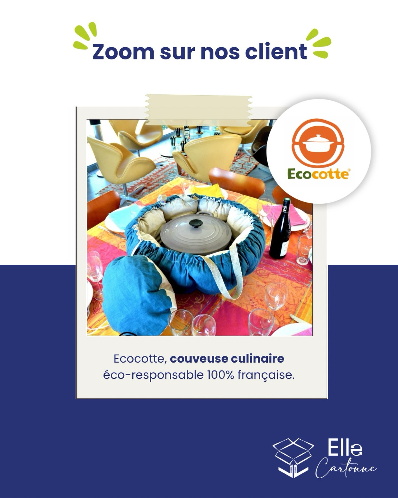 Nous sommes ravies de collaborer avec Ecocotte, une entreprise fondée par Ninon, qui place la durabilité au cœur de son activité. 🌿
Ecocotte, c’est quoi ? Une couveuse culinaire 100% française, qui accompagne ses clients dans la préparation de plats faits maison, sains et équilibrés. Avec des #recettes simples, des ingrédients locaux et de qualité, Ecocotte aide chacun à régaler ses papilles tout en prenant soin de la planète.
Ninon fait partie des premiers à avoir choisi nos cartons de réemploi pour l’emballage et l’expédition de leurs produits. Cette collaboration contribue à réduire les #déchets et à offrir une nouvelle vie à des #cartons encore parfaitement fonctionnels. 📦♻️
Pour découvrir l’univers d’Ecocotte et ses créations culinaires éco-responsables, rendez-vous sur leur site 👉 https://ecocotte.fr/
Un grand merci à Ninon pour sa confiance 🤝
Si vous souhaitez passer le pas du réemploi, contactez-nous !
