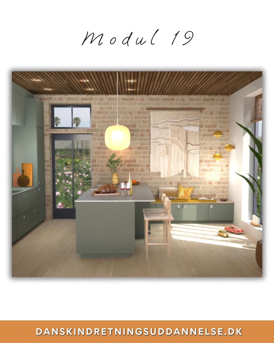 Modul 19 · Køkkenmodulet
Et godt køkken er aldrig tilfældigt.
Bag et lækkert udtryk gemmer der sig en lang række retningslinjer, som sikrer, at køkkenet fungerer i hverdagen – både praktisk, ergonomisk og æstetisk.
I køkkenmodulet arbejder vi med alt fra zoner og flow til proportioner, arbejdsgange og placering af hvidevarer. Det er her, teori og praksis for alvor mødes.
Her ser du Mariannes køkkenprojekt – et smukt eksempel på, hvordan funktionelle principper kan forenes med stil.
Det moderne møder det retro, og resultatet er et køkken, der føles både tidløst, personligt og gennemarbejdet.
Et køkken, der ikke bare ser godt ud – men er rigtigt planlagt.
Det er netop dét, vi træner i Modul 19:
at kunne skabe køkkener, der fungerer lige så godt, som de ser ud.