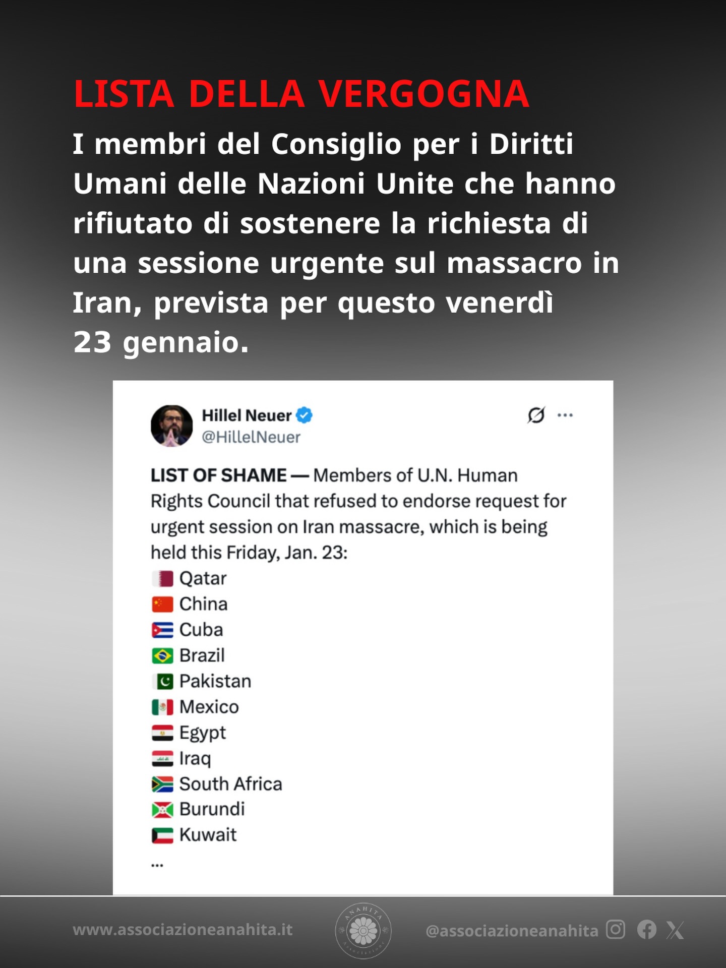 Il silenzio davanti a un massacro è complicità.
Questi Paesi hanno scelto di voltarsi dall’altra parte mentre il popolo iraniano viene ucciso.
Noi vinceremo. La libertà vincerà.
Ma la storia non dimentica: ricorderemo chi ha camminato al nostro fianco e chi ha scelto di stare con il nostro nemico, la Repubblica Islamica.
#rivoluzioneiran2026