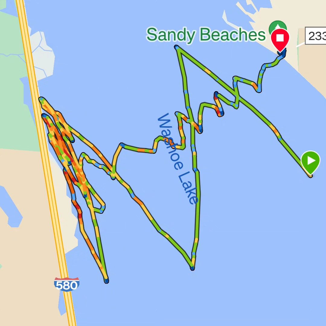 17 minutes to go east to West shores in Washoe on a twin tip. Downwind was way faster.