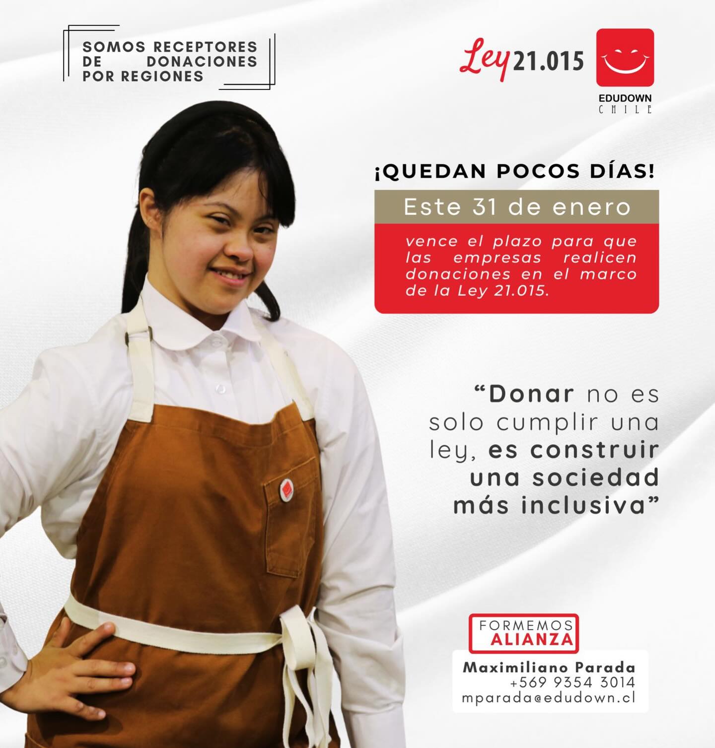 🚨 Quedan pocos días
Este 31 de enero vence el plazo para realizar donaciones en el marco de la Ley 21.015.
En Edudown tu aporte se convierte en apoyo concreto para personas con síndrome de Down y sus familias. Tenemos sedes en San Bernardo, Santiago Centro, Providencia, Temuco y La Serena en donde tu donación se transformará en:
✅ Programas terapéuticos especializados
✅ Talleres de inclusión y desarrollo
✅ Más oportunidades para niños, niñas y jóvenes
Donar no es solo cumplir una ley: es construir una sociedad más inclusiva.
📩 Escríbenos por DM y te acompañamos en el proceso.
#Ley21015 #Edudown #Inclusión #ImpactoSocial #EmpresasConPropósito SíndromeDeDown