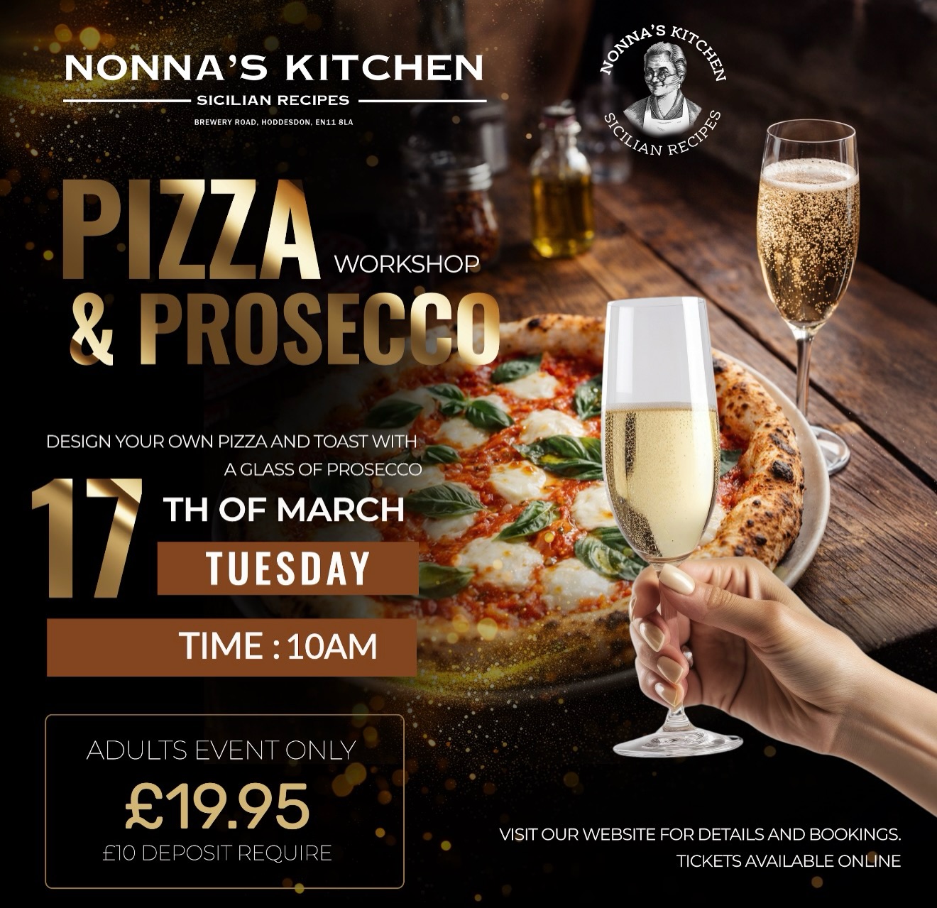A day out for the adults…Come and join us at Nonna’s Kitchen for a Pizza & Prosecco Workshop 🍕 🥂
Design your own pizza and toast with a glass of Prosecco 🫶